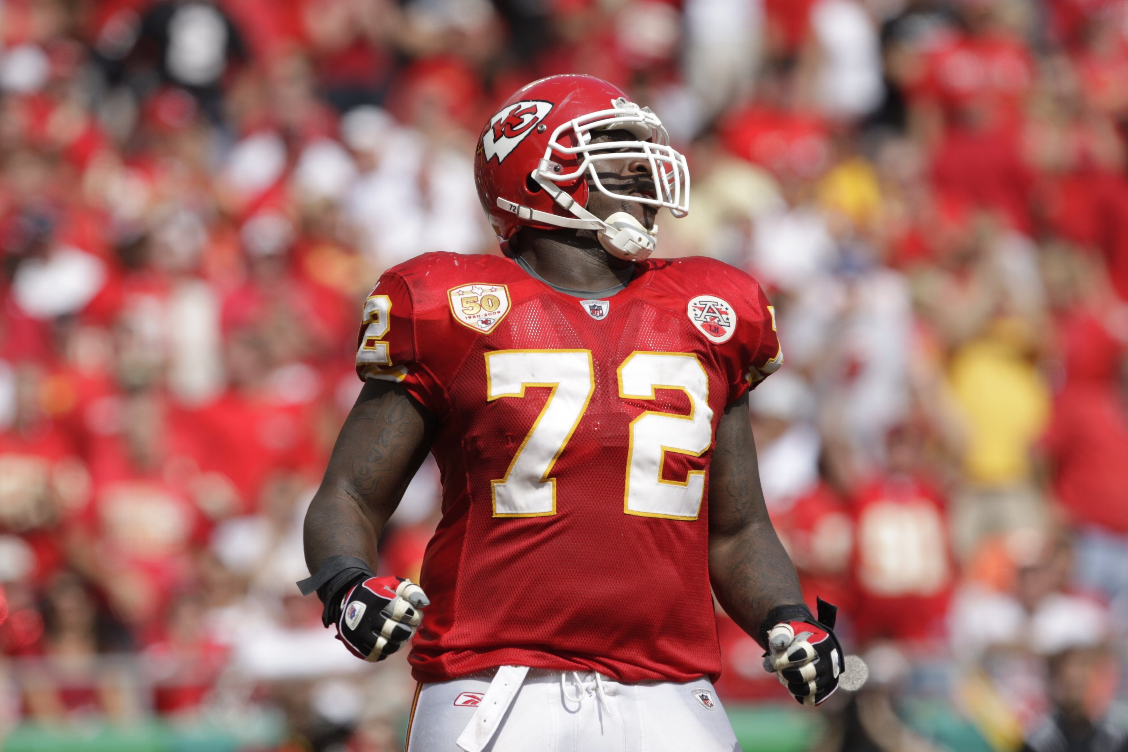 KANSAS CITY, MO - SEPTEMBER 20:  Glenn Dorsey #72 of the Kansas City Chiefs reacts during the game against the Oakland Raiders at Arrowhead Stadium on September 20, 2009 in Kansas City, Missouri. (Photo by Jamie Squire/Getty Images)