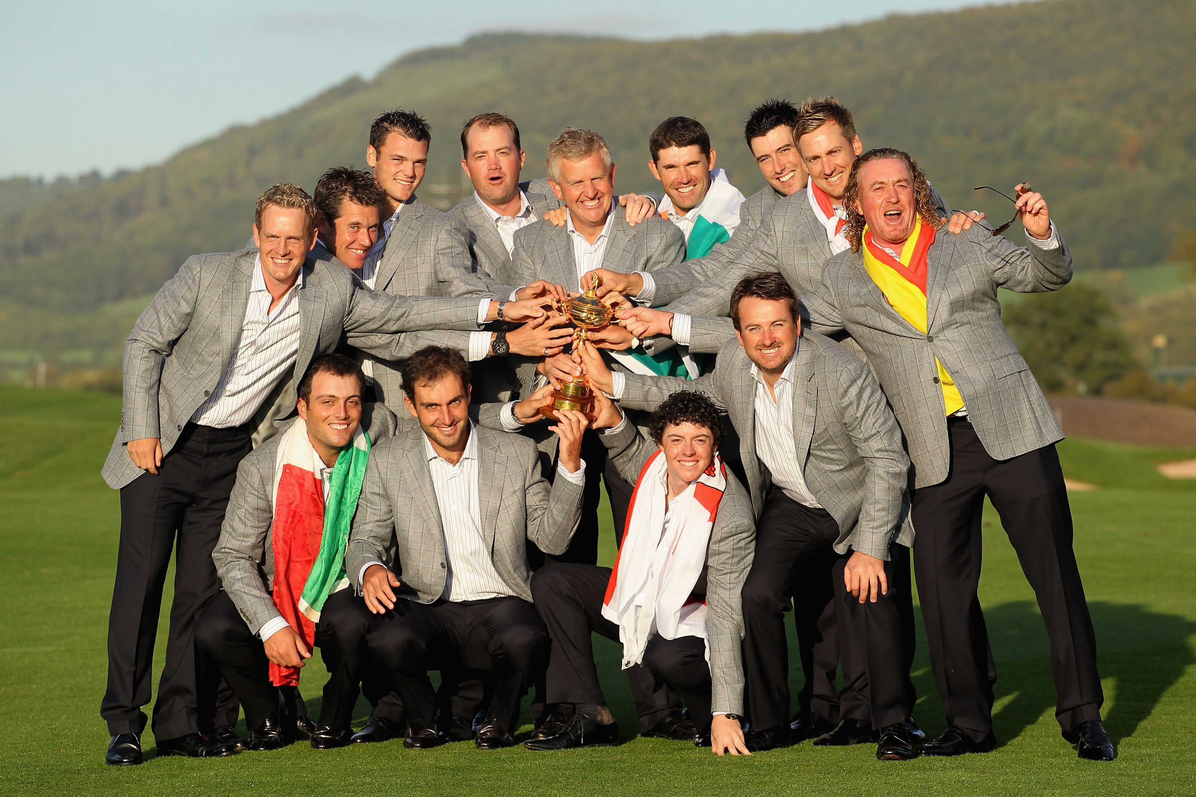 NEWPORT, WALES - OCTOBER 04:  European Team Captain Colin Montgomerie poses with the Ryder Cup and his team following Europe's 14.5 to 13.5 victory over the USA at the 2010 Ryder Cup at the Celtic Manor Resort on October 4, 2010 in Newport, Wales.  (Photo