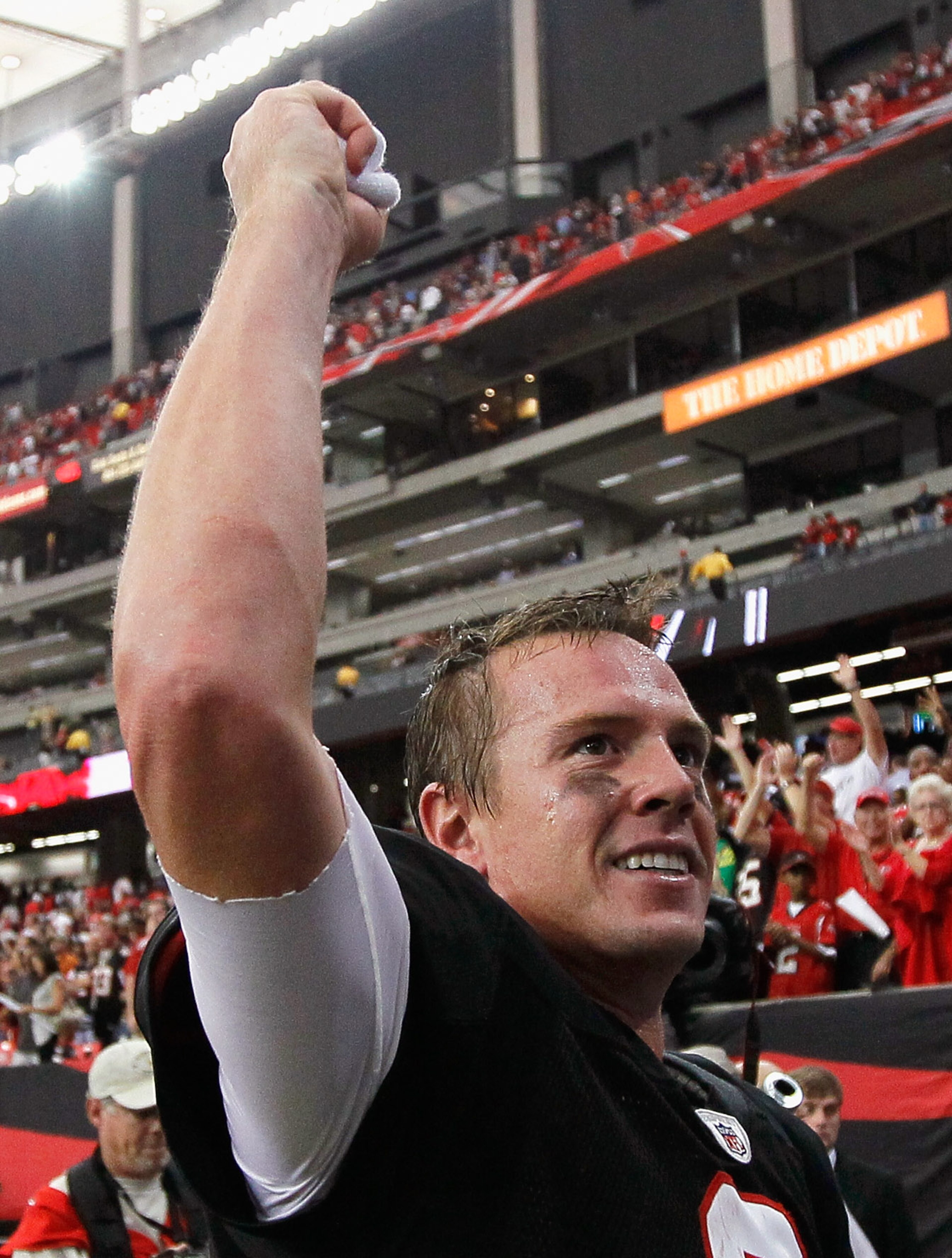 ATLANTA - OCTOBER 03:  Quarterback Matt Ryan #2 of the Atlanta Falcons celebrates after their 16-14 win over the San Francisco 49ers at Georgia Dome on October 3, 2010 in Georgia.  (Photo by Kevin C. Cox/Getty Images)