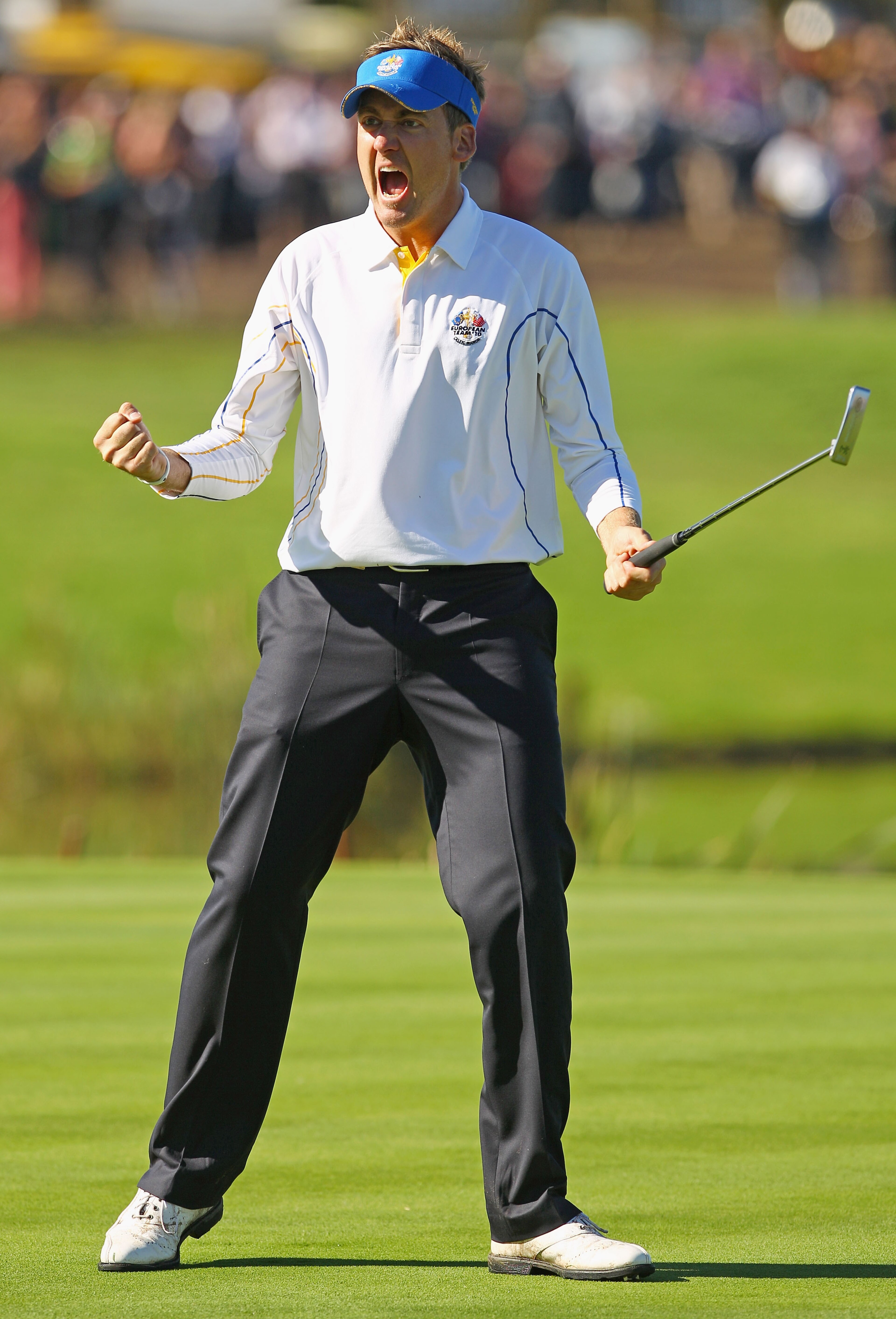 NEWPORT, WALES - OCTOBER 04:  Ian Poulter of Europe celebrates holing a putt on the 13th green in the singles matches during the 2010 Ryder Cup at the Celtic Manor Resort on October 4, 2010 in Newport, Wales.  (Photo by Richard Heathcote/Getty Images)