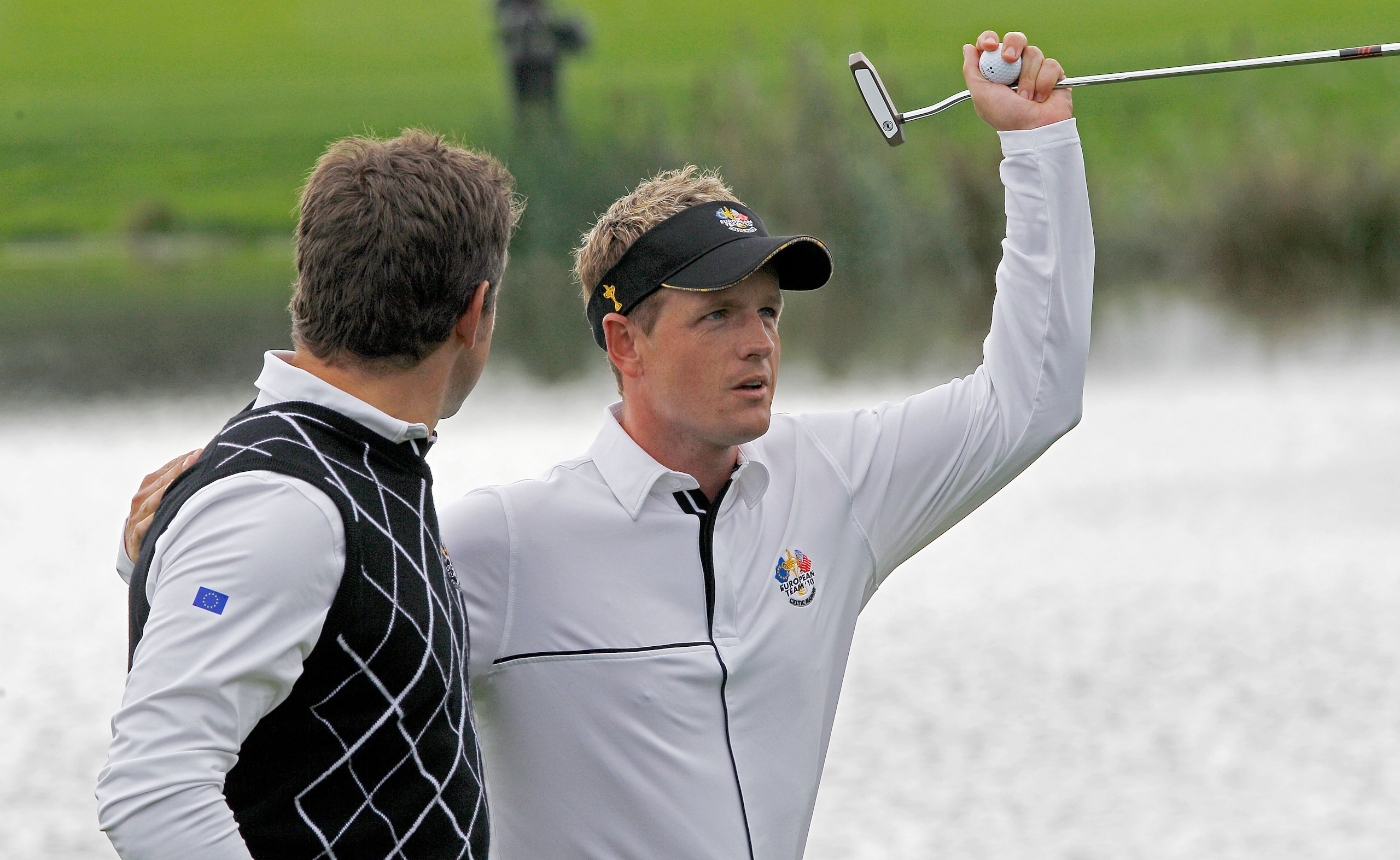 NEWPORT, WALES - OCTOBER 03:  Lee Westwood and Luke Donald (R) of Europe celebrate winning their match on the 13th green during the  Fourball & Foursome Matches during the 2010 Ryder Cup at the Celtic Manor Resort on October 3, 2010 in Newport, Wales.  (P