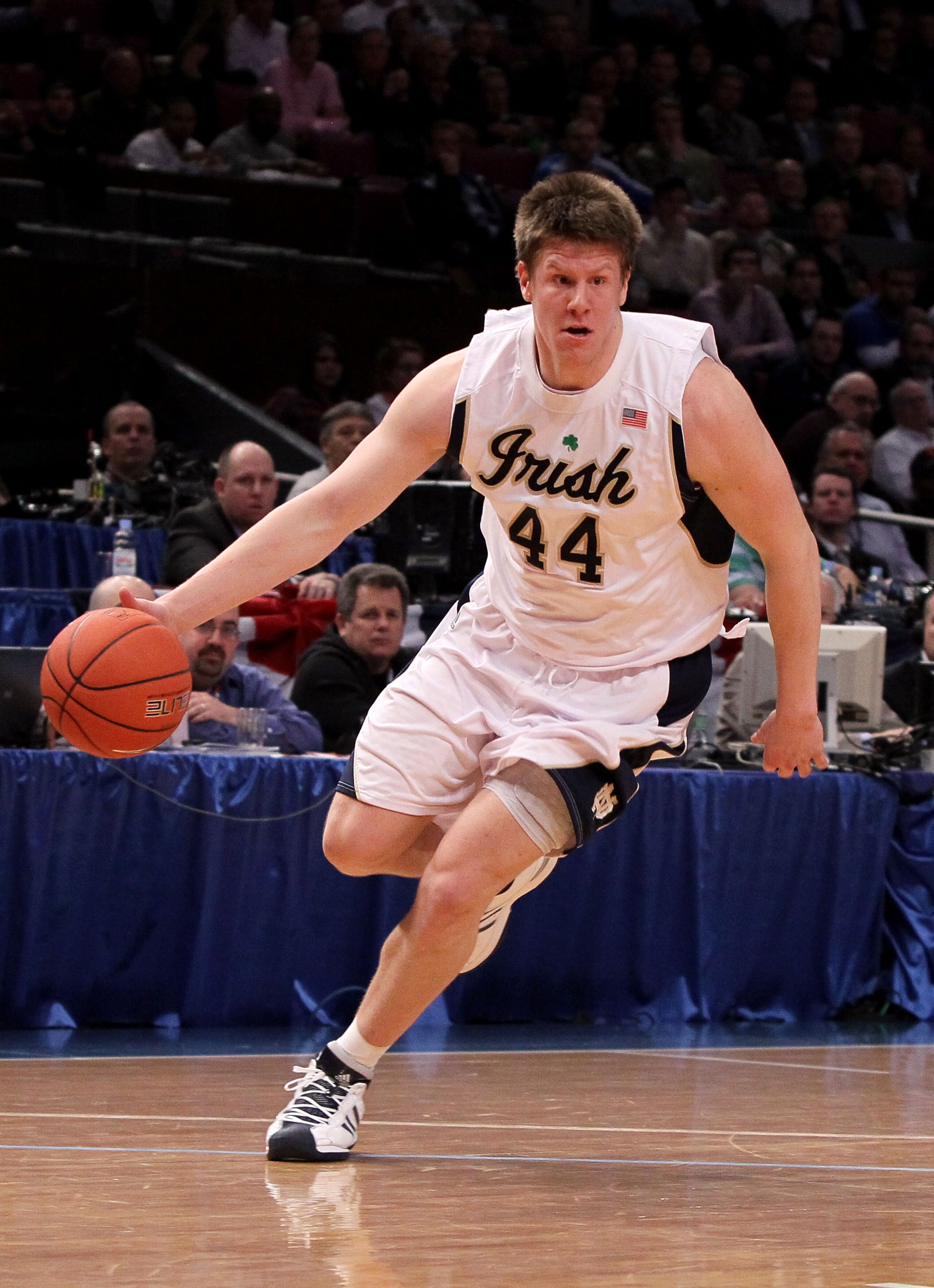 NEW YORK - MARCH 10: Luke Harangody #44 of the Notre Dame Fighting Irish handles the ball against the Seton Hall Pirates during the second round of 2010 NCAA Big East Tournament at Madison Square Garden on March 10, 2010 in New York City.  (Photo by Jim M