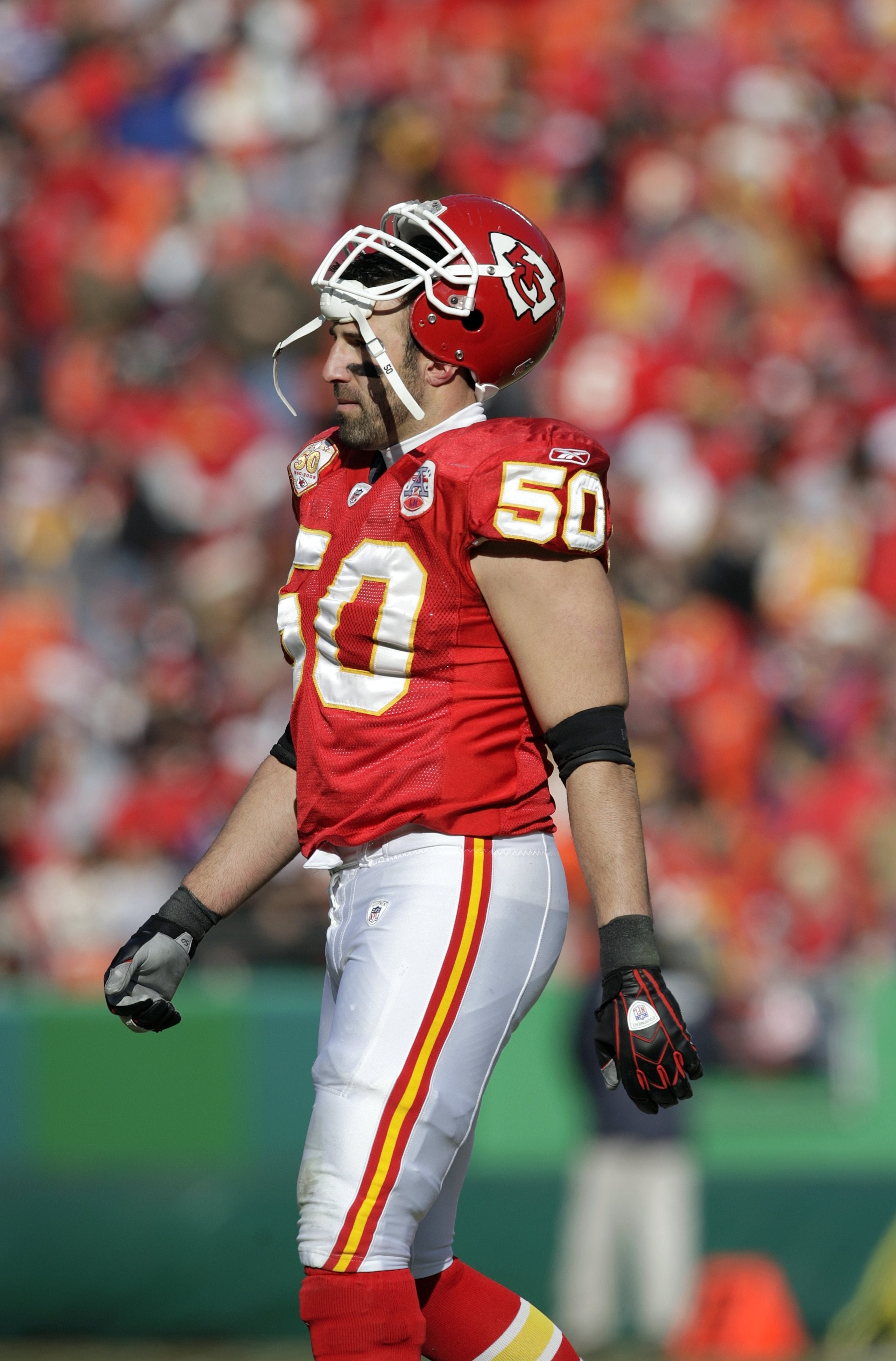 KANSAS CITY, MO - DECEMBER 20:  Mike Vrabel #50 of the Kansas City Chiefs walks to the sideline during their NFL game against the Cleveland Browns on December 20, 2009 at Arrowhead Stadium in Kansas City, Missouri. The Browns defeated the Chiefs 41-34. (P