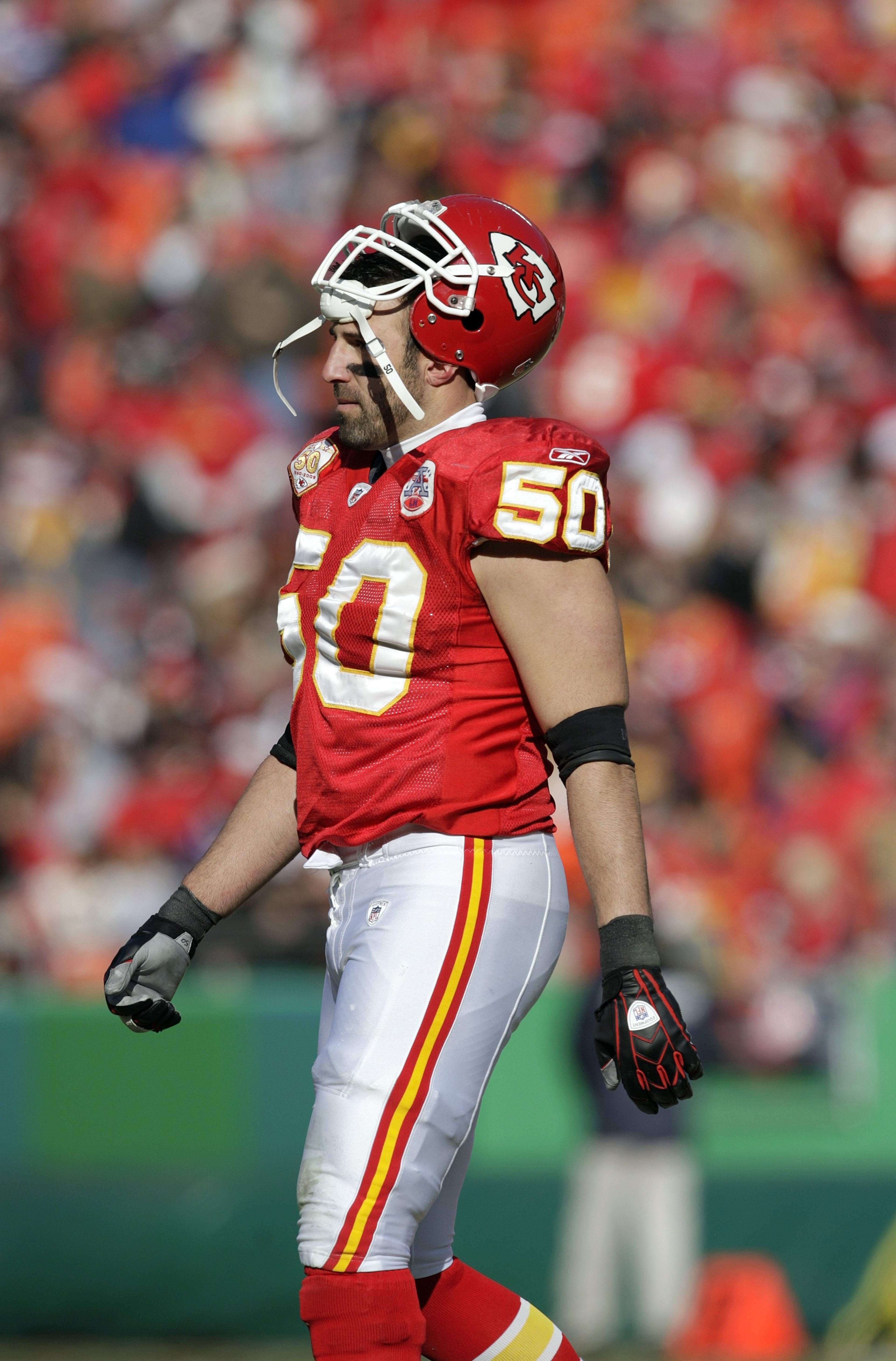 KANSAS CITY, MO - DECEMBER 20:  Mike Vrabel #50 of the Kansas City Chiefs walks to the sideline during their NFL game against the Cleveland Browns on December 20, 2009 at Arrowhead Stadium in Kansas City, Missouri. The Browns defeated the Chiefs 41-34. (P