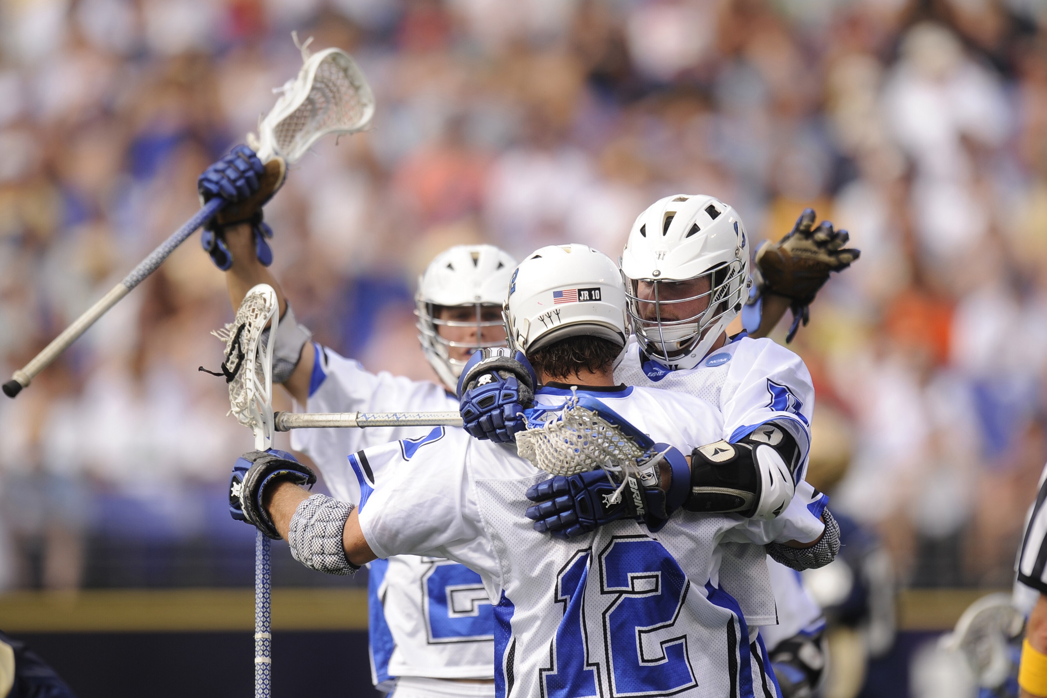 BALTIMORE, MD - MAY 31:  Justin Turri #12 of the Duke Blue Devils celebrates a goal with teammates against the Notre Dame Fighting Irish during the 2010 NCAA Division 1 Lacrosse Championship game on May 31, 2010 at M&T Bank Stadium in Baltimore, Maryland.