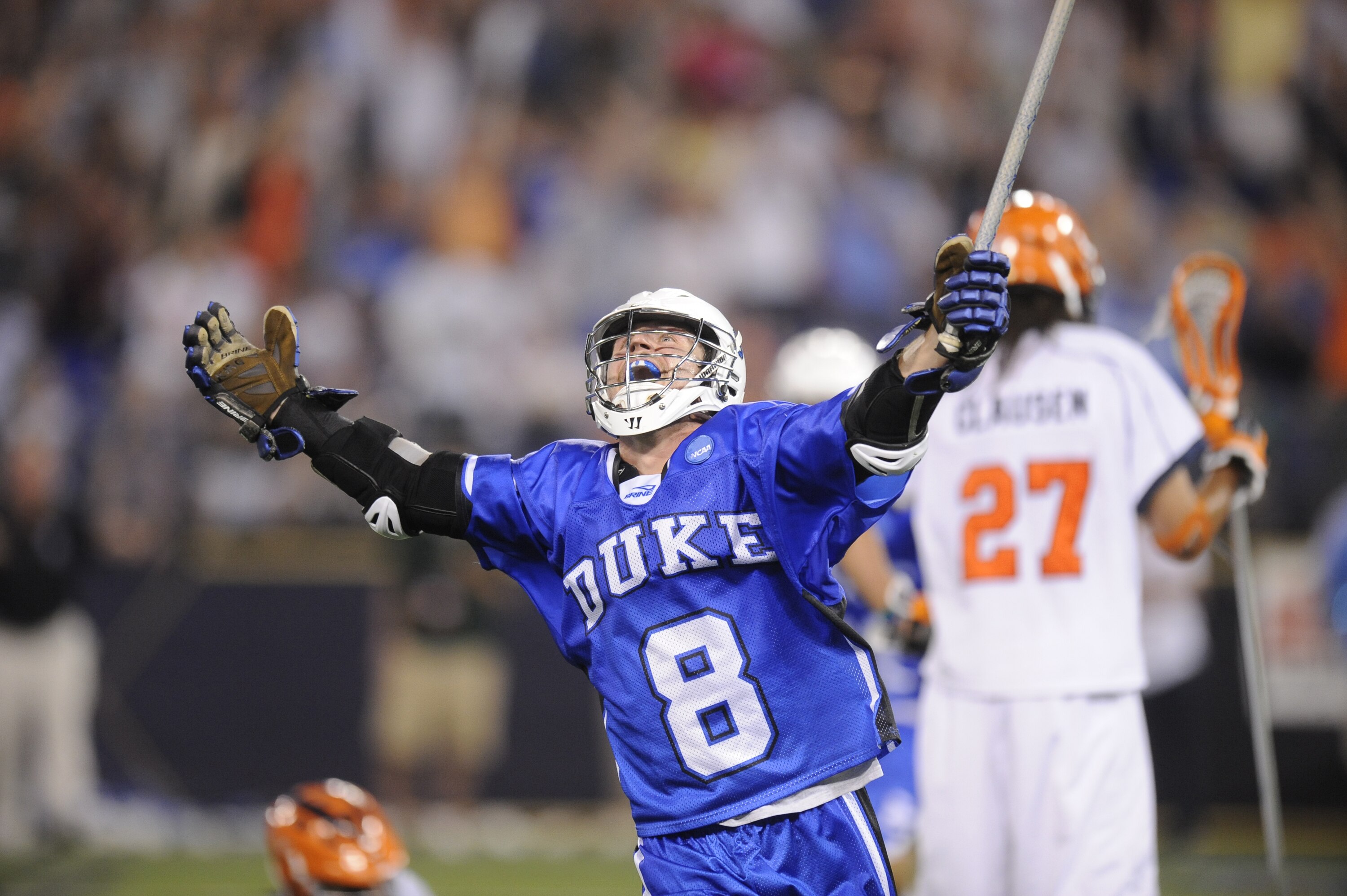 BALTIMORE, MD - MAY 29:  Max Quinzani #8 of the Duke Blue Devils celebrates game winning goal against the Virginia Cavaliers during the 2010 NCAA Division 1 Lacrosse Semifinal Championship game on May 29, 2010 at M & T Bank Stadium in Baltimore, Maryland.