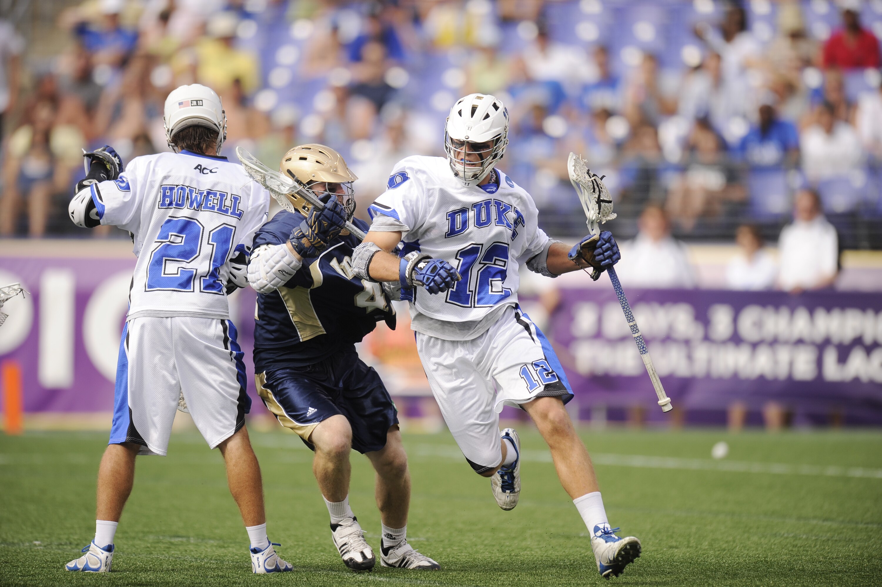BALTIMORE, MD - MAY 31:  Tom Rynn #16 of the Duke Blue Devils runs down field against Quinn Cully #41 of the Notre Dame Fighting Irish during the 2010 NCAA Division 1 Lacrosse Championship game on May 31, 2010 at M&T Bank Stadium in Baltimore, Maryland.