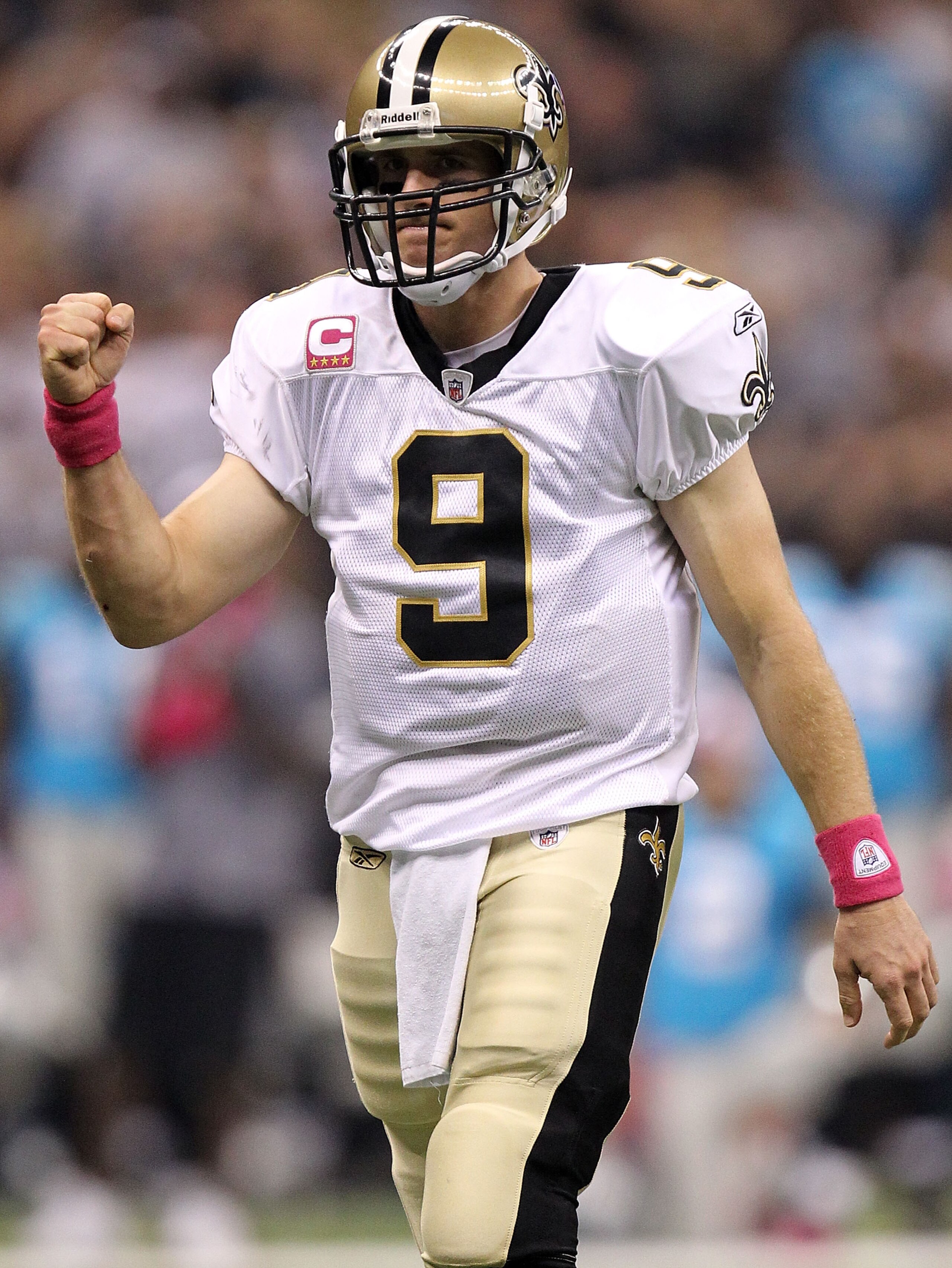 NEW ORLEANS - OCTOBER 03:  Quarterback Drew Brees #9 of the New Orleans Saints celebrates a touchdown in the first quarter against the Carolina Panthers at the Louisiana Superdome on October 3, 2010 in New Orleans, Louisiana.  (Photo by Ronald Martinez/Ge