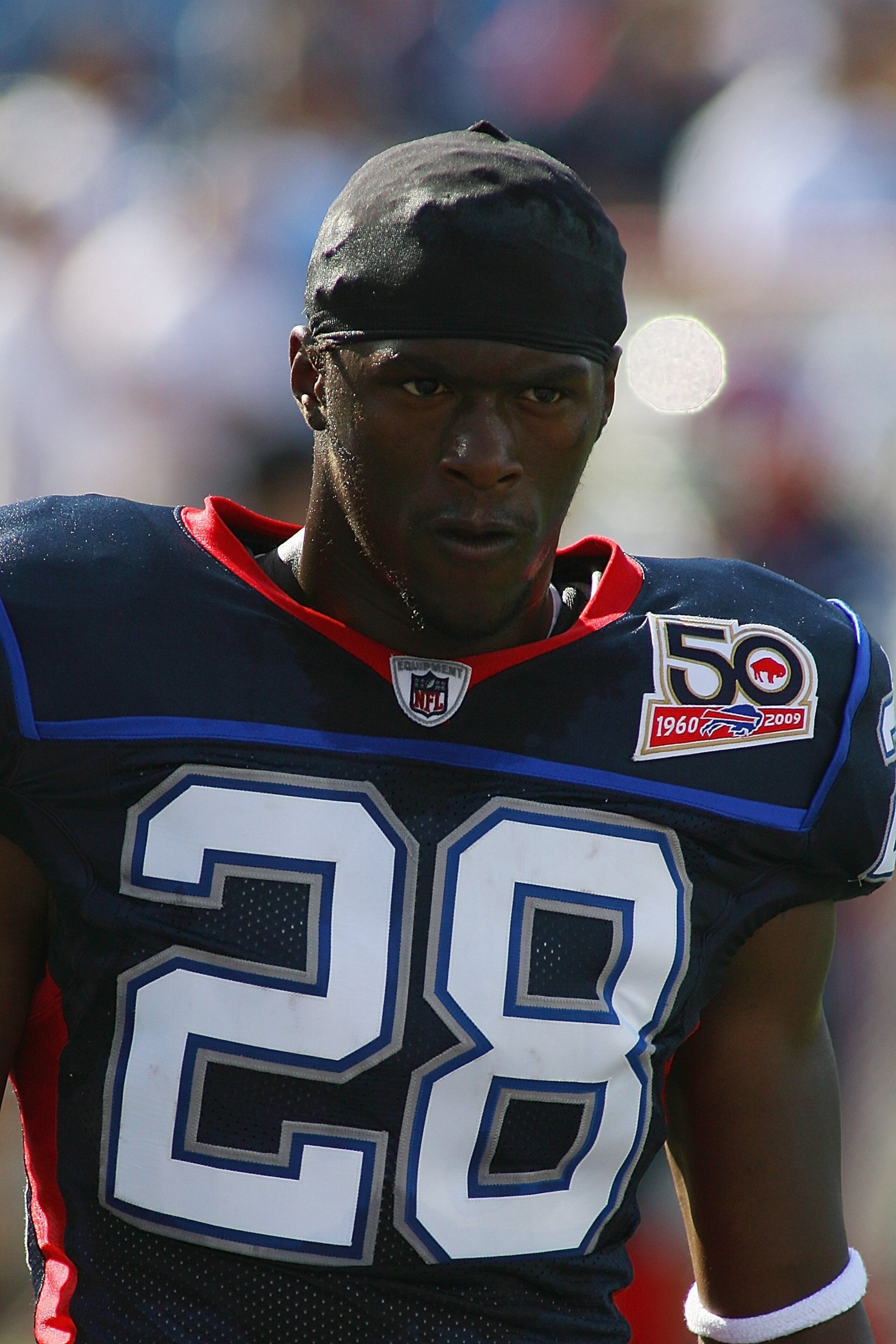 ORCHARD PARK, NY - SEPTEMBER 20:  Cornerback Leodis McKelvin #28 of the Buffalo Bills takes a break from the action during the game against the Tampa Bay Buccaneers at Ralph Wilson Stadium on September 20, 2009 in Orchard Park, New York.  The Bills won 33
