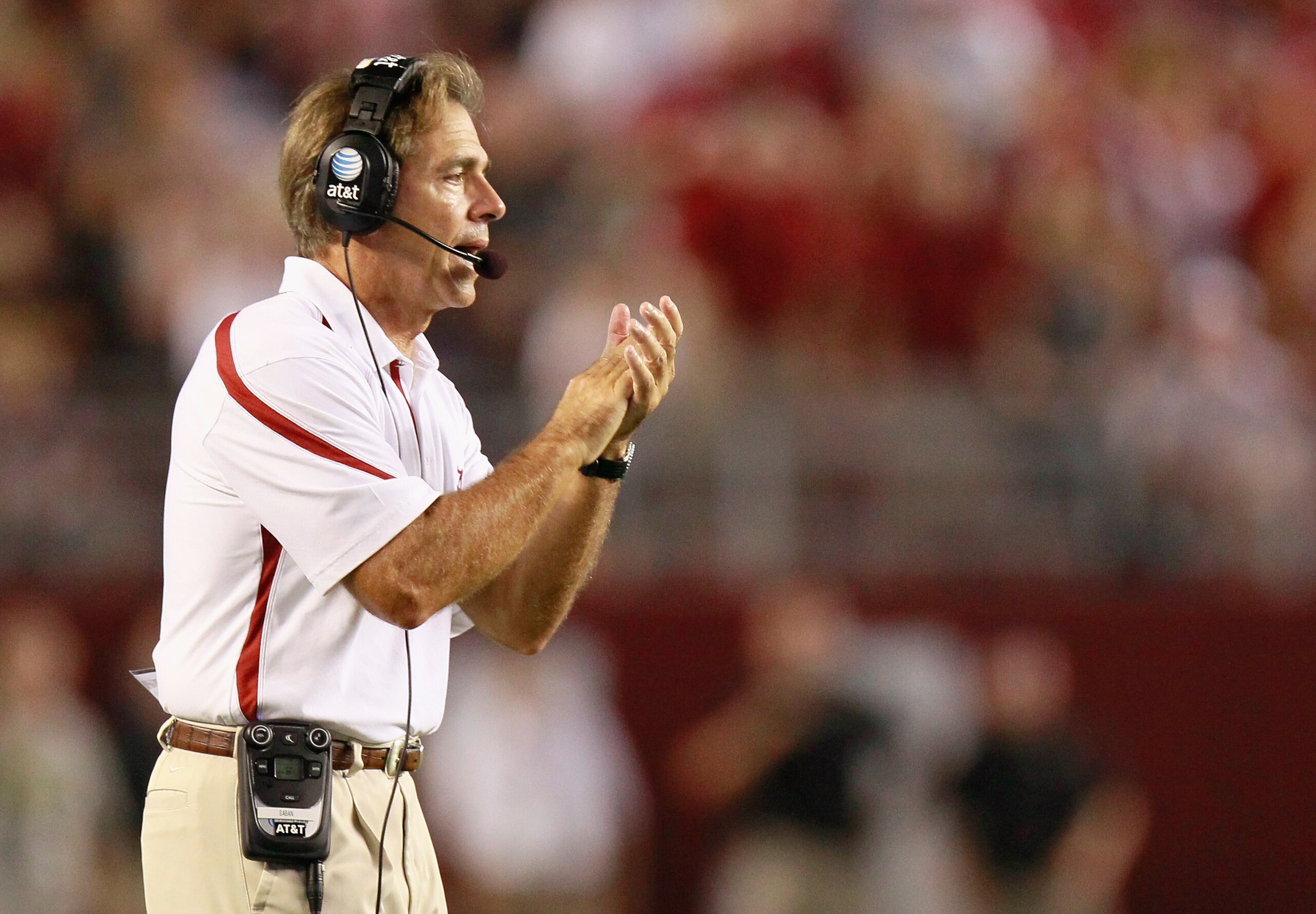 TUSCALOOSA, AL - SEPTEMBER 11: Head coach Nick Saban of the Alabama Crimson Tide looks on from the sidelines against the Penn State Nittany Lions at Bryant-Denny Stadium on September 11, 2010 in Tuscaloosa, Alabama. (Photo by Kevin C. Cox/Getty Images) TUSCALOOSA, AL - SEPTEMBER 11: Head coach Nick Saban of the Alabama Crimson Tide looks on from the sidelines against the Penn State Nittany Lions at Bryant-Denny Stadium on September 11, 2010 in Tuscaloosa, Alabama. (Photo by Kevin C. Cox/Getty Images)