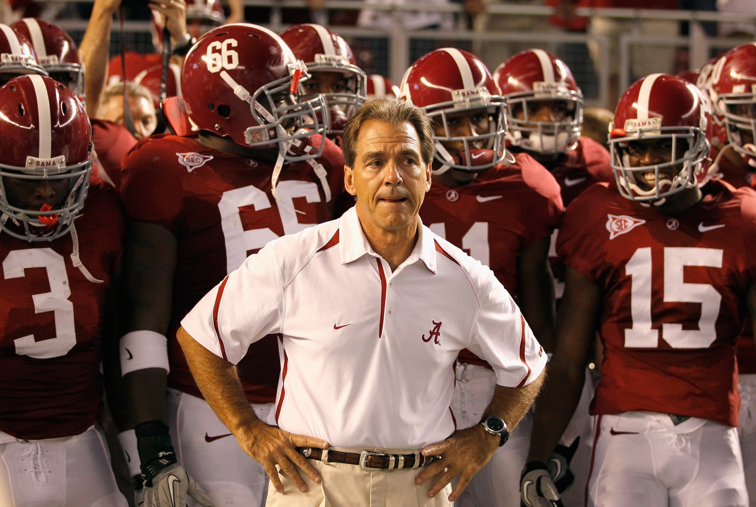TUSCALOOSA, AL - OCTOBER 02: Head coach Nick Saban of the Alabama Crimson Tide leads his team onto the field to face the Florida Gators at Bryant-Denny Stadium on October 2, 2010 in Tuscaloosa, Alabama. (Photo by Kevin C. Cox/Getty Images) TUSCALOOSA, AL - OCTOBER 02: Head coach Nick Saban of the Alabama Crimson Tide leads his team onto the field to face the Florida Gators at Bryant-Denny Stadium on October 2, 2010 in Tuscaloosa, Alabama. (Photo by Kevin C. Cox/Getty Images)