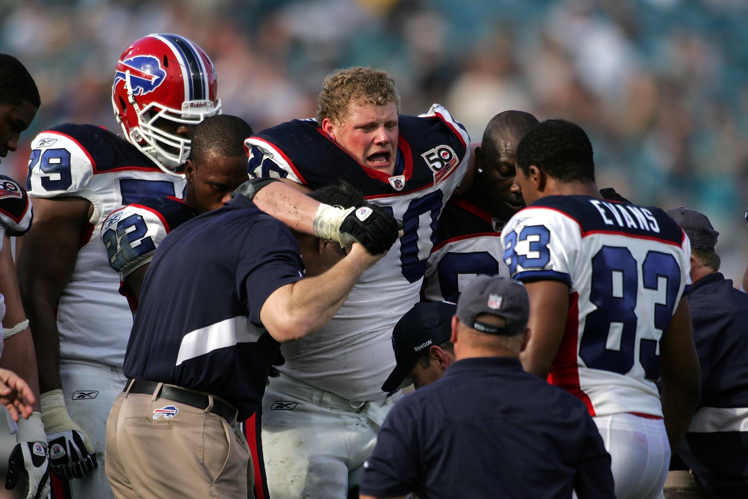 JACKSONVILLE, FL - NOVEMBER 22:  Guard Eric Wood of the Buffalo Bills gets carried off the field injured against the Jacksonville Jaguars at Jacksonville Municipal Stadium on November 22, 2009 in Jacksonville, Florida.  (Photo by Marc Serota/Getty Images)