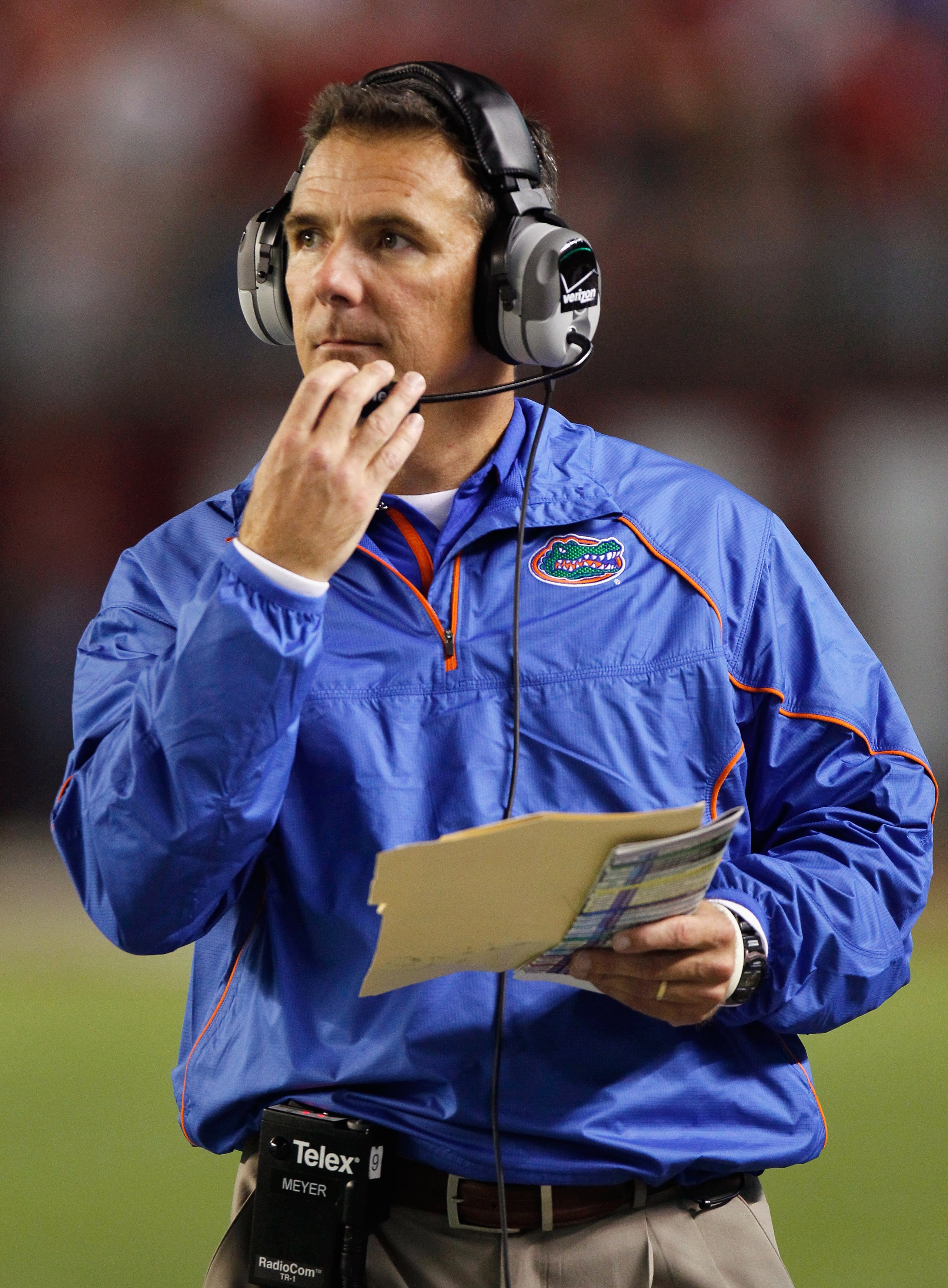 TUSCALOOSA, AL - OCTOBER 02: Head coach Urban Meyer of the Florida Gators looks on from the sidelines during their game against the Alabama Crimson Tide at Bryant-Denny Stadium on October 2, 2010 in Tuscaloosa, Alabama. (Photo by Kevin C. Cox/Getty Imag TUSCALOOSA, AL - OCTOBER 02: Head coach Urban Meyer of the Florida Gators looks on from the sidelines during their game against the Alabama Crimson Tide at Bryant-Denny Stadium on October 2, 2010 in Tuscaloosa, Alabama. (Photo by Kevin C. Cox/Getty Imag