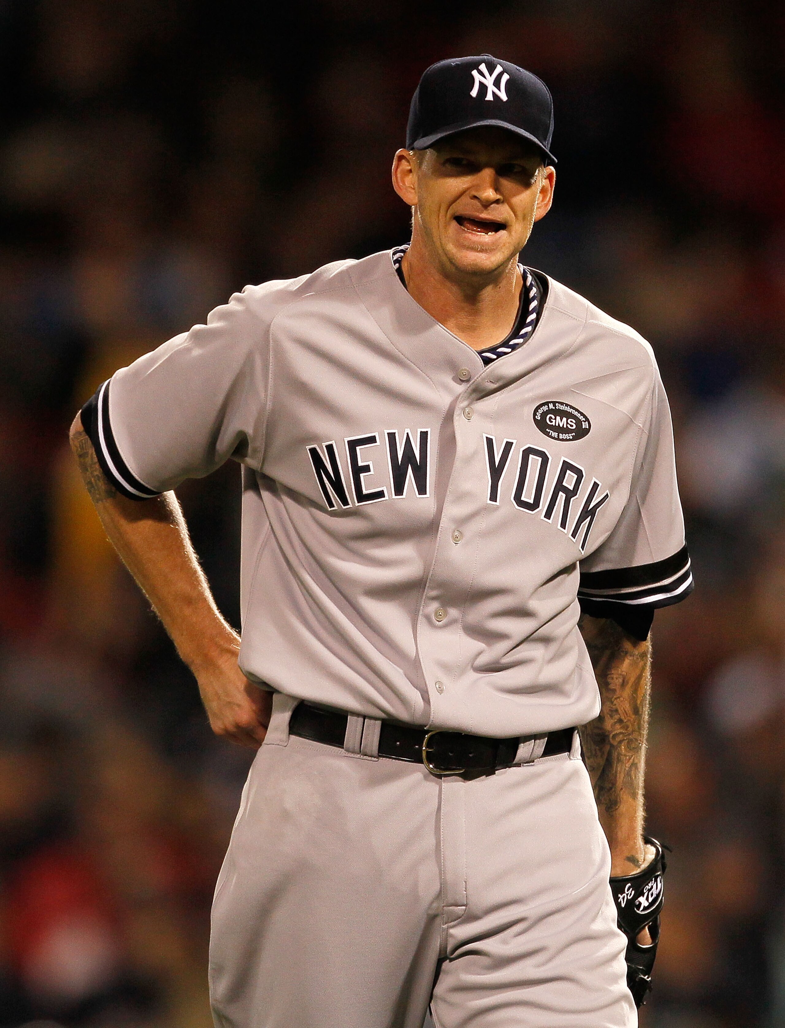 BOSTON - OCTOBER 2: A.J. Burnett #34 of the New York Yankees reacts against the Boston Red Sox in the second game of a doubleheader at Fenway Park, October 2, 2010, in Boston, Massachusetts. (Photo by Jim Rogash/Getty Images) BOSTON - OCTOBER 2: A.J. Burnett #34 of the New York Yankees reacts against the Boston Red Sox in the second game of a doubleheader at Fenway Park, October 2, 2010, in Boston, Massachusetts. (Photo by Jim Rogash/Getty Images)