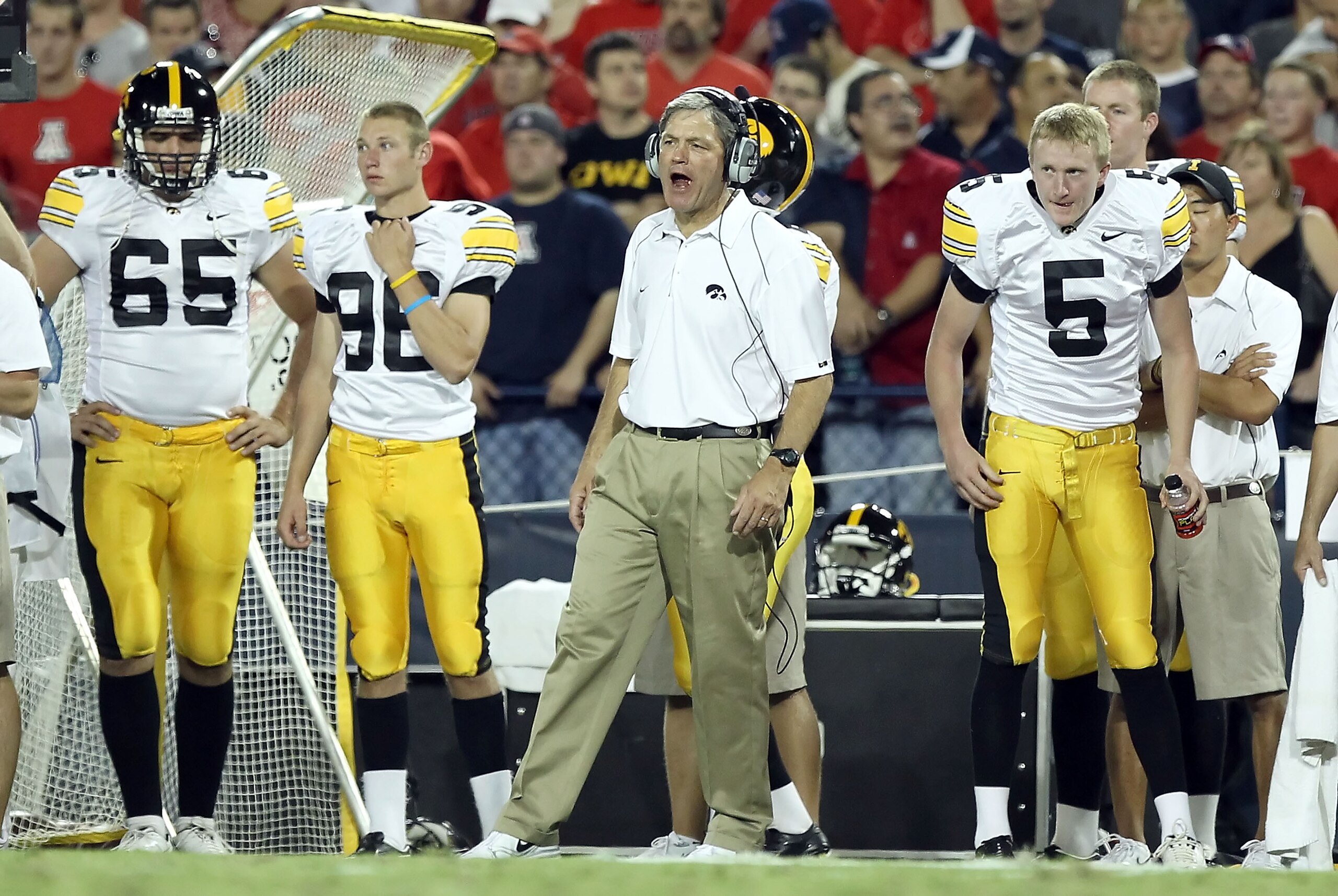TUCSON, AZ - SEPTEMBER 18: Head coach Kirk Ferentz of the Iowa Hawkeyes watches during the college football game against the Arizona Wildcats at Arizona Stadium on September 18, 2010 in Tucson, Arizona. The Wildcats defeated the Hawkeyes 34-27. (Photo b TUCSON, AZ - SEPTEMBER 18: Head coach Kirk Ferentz of the Iowa Hawkeyes watches during the college football game against the Arizona Wildcats at Arizona Stadium on September 18, 2010 in Tucson, Arizona. The Wildcats defeated the Hawkeyes 34-27. (Photo b