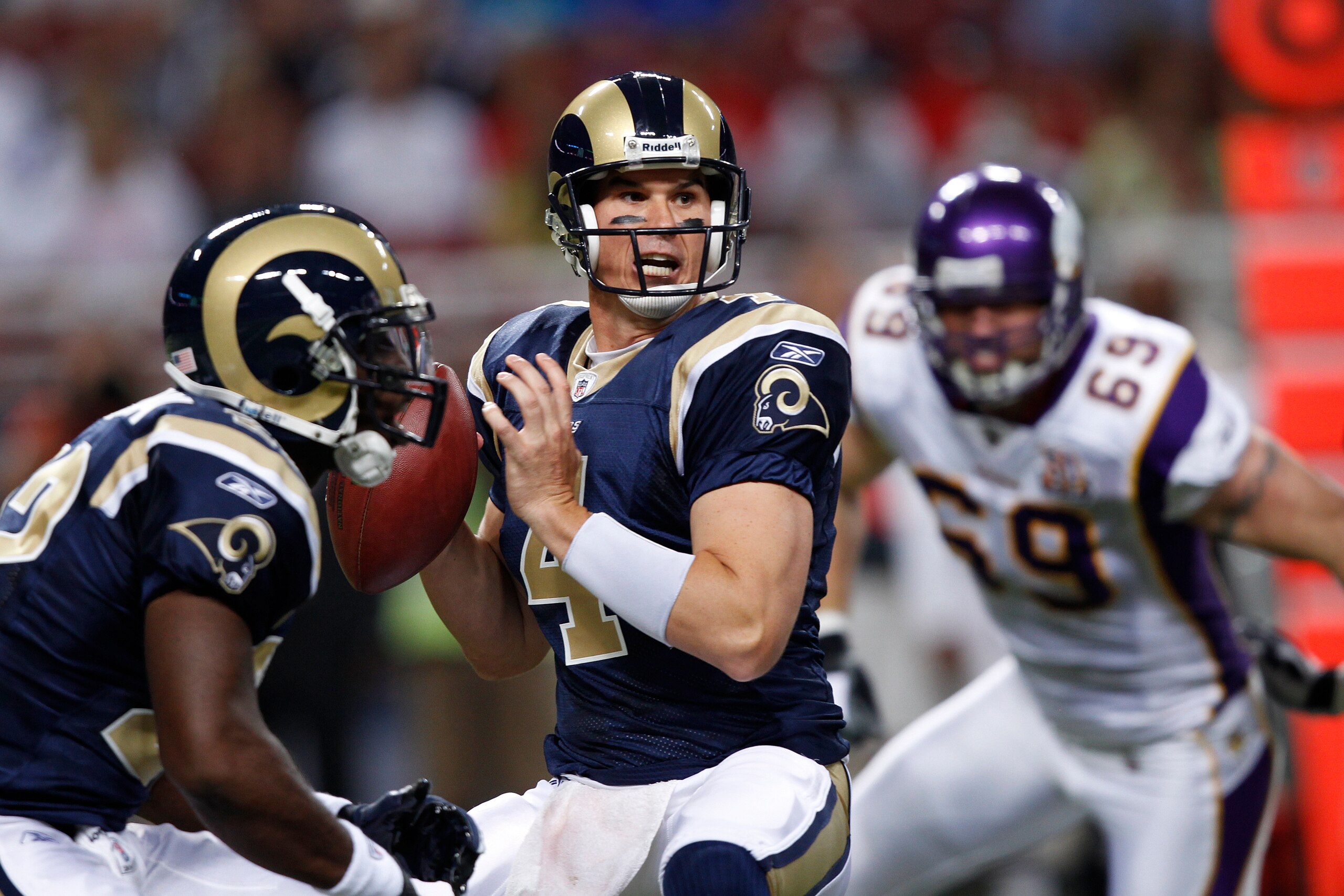ST. LOUIS, MO - AUGUST 14: A.J. Feeley #4 of the St. Louis Rams looks to pass against the Minnesota Vikings during the preseason game at Edward Jones Dome on August 14, 2010 in St. Louis, Missouri. The Vikings defeated the Rams 28-7. (Photo by Joe Robbins