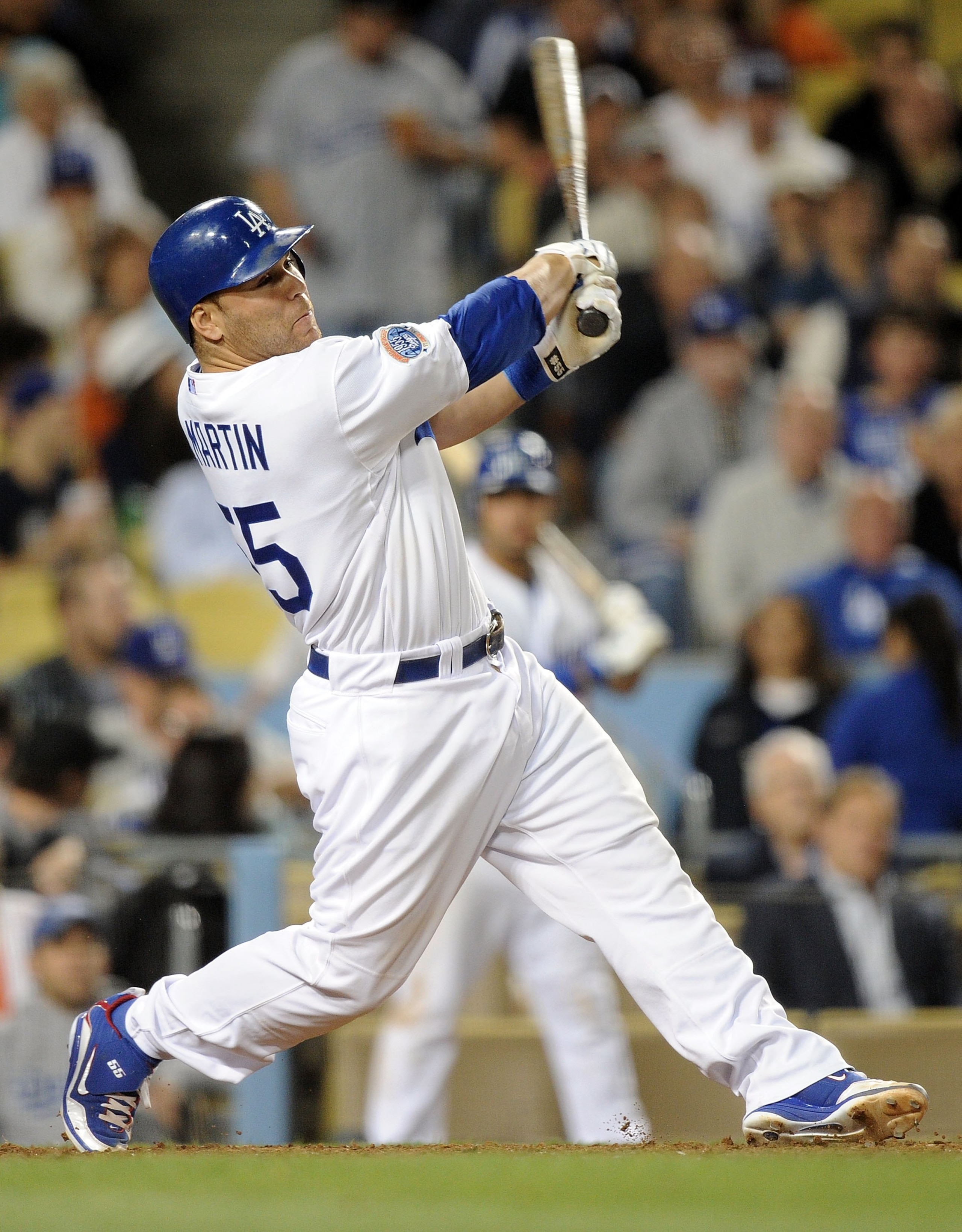 LOS ANGELES, CA - MAY 20:  Russell Martin #55 of the Los Angeles Dodgers at bat against the San Diego Padres at Dodger Stadium on May 20, 2010 in Los Angeles, California.  (Photo by Harry How/Getty Images)