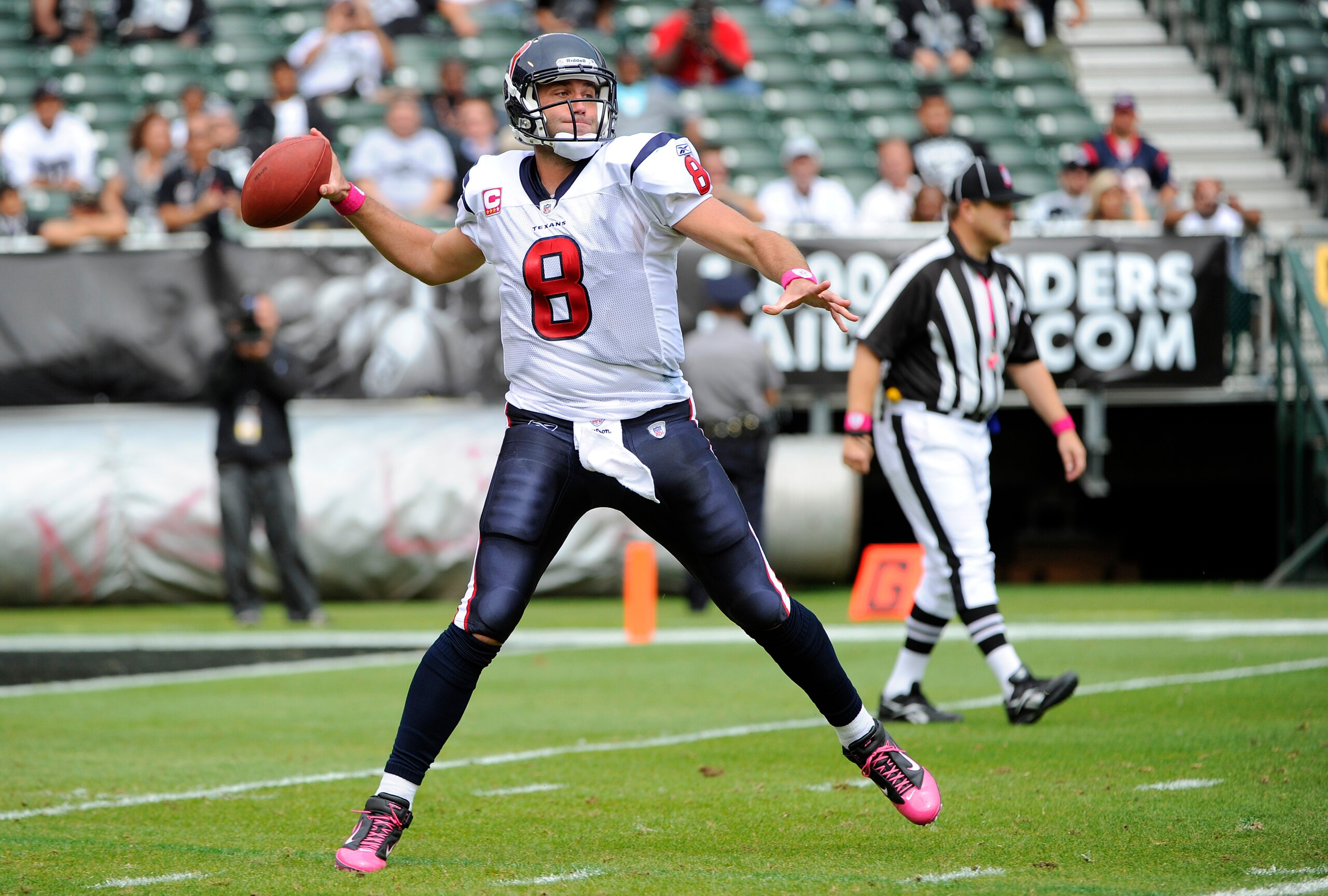 OAKLAND, CA - OCTOBER 3:  Quarterback Matt Schaub #8 of the Houston Texans drops back to pass against the Oakland Raiders during an NFL football game October 3, 2010 at The Oakland-Alameda County Coliseum in Oakland, California.  The Texans won the game 3