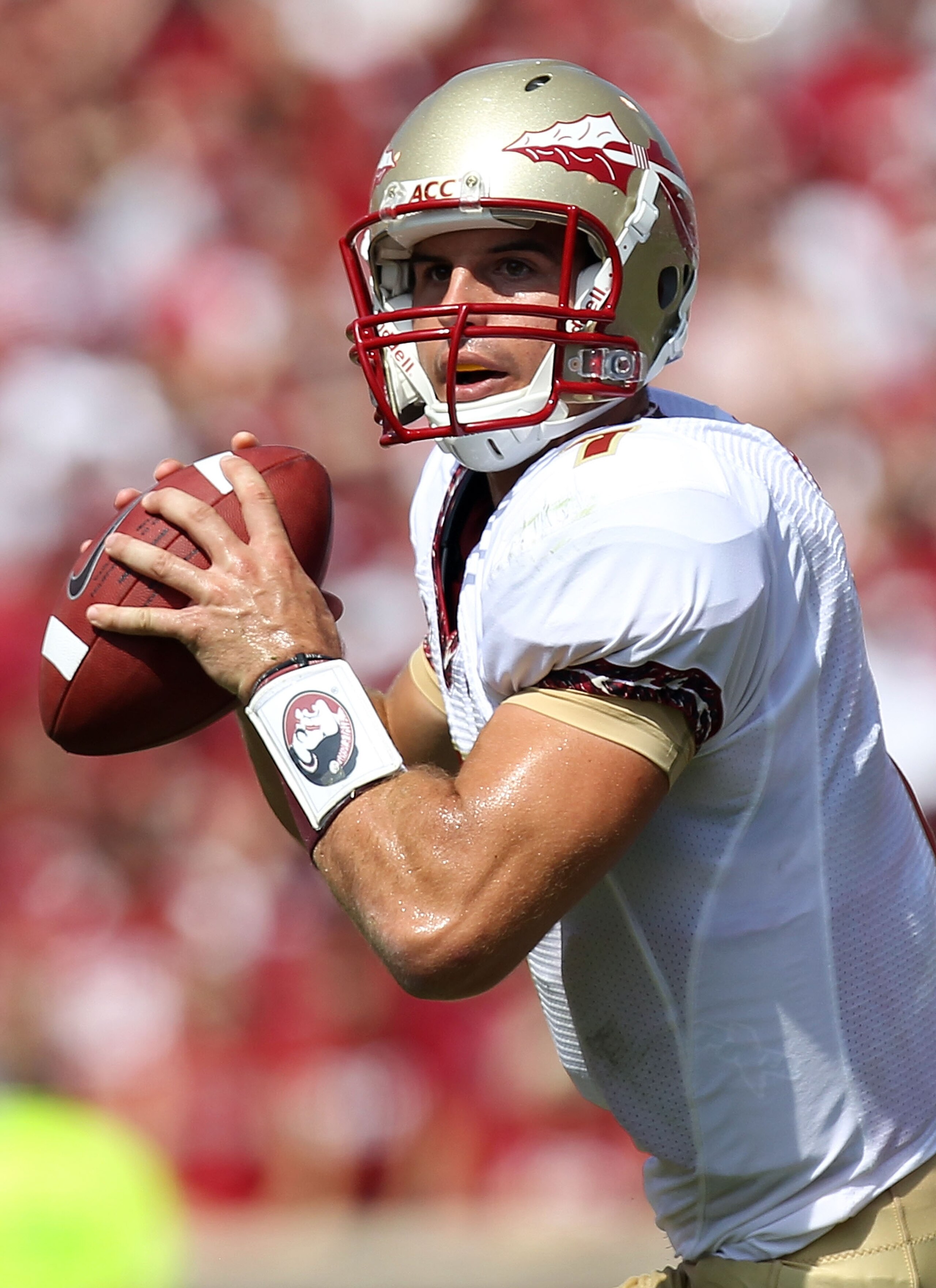 NORMAN, OK - SEPTEMBER 11:  Quarterback Christian Ponder #7 of the Florida State Seminoles drops back to pass against the Oklahoma Sooners at Gaylord Family Oklahoma Memorial Stadium on September 11, 2010 in Norman, Oklahoma.  (Photo by Ronald Martinez/Ge