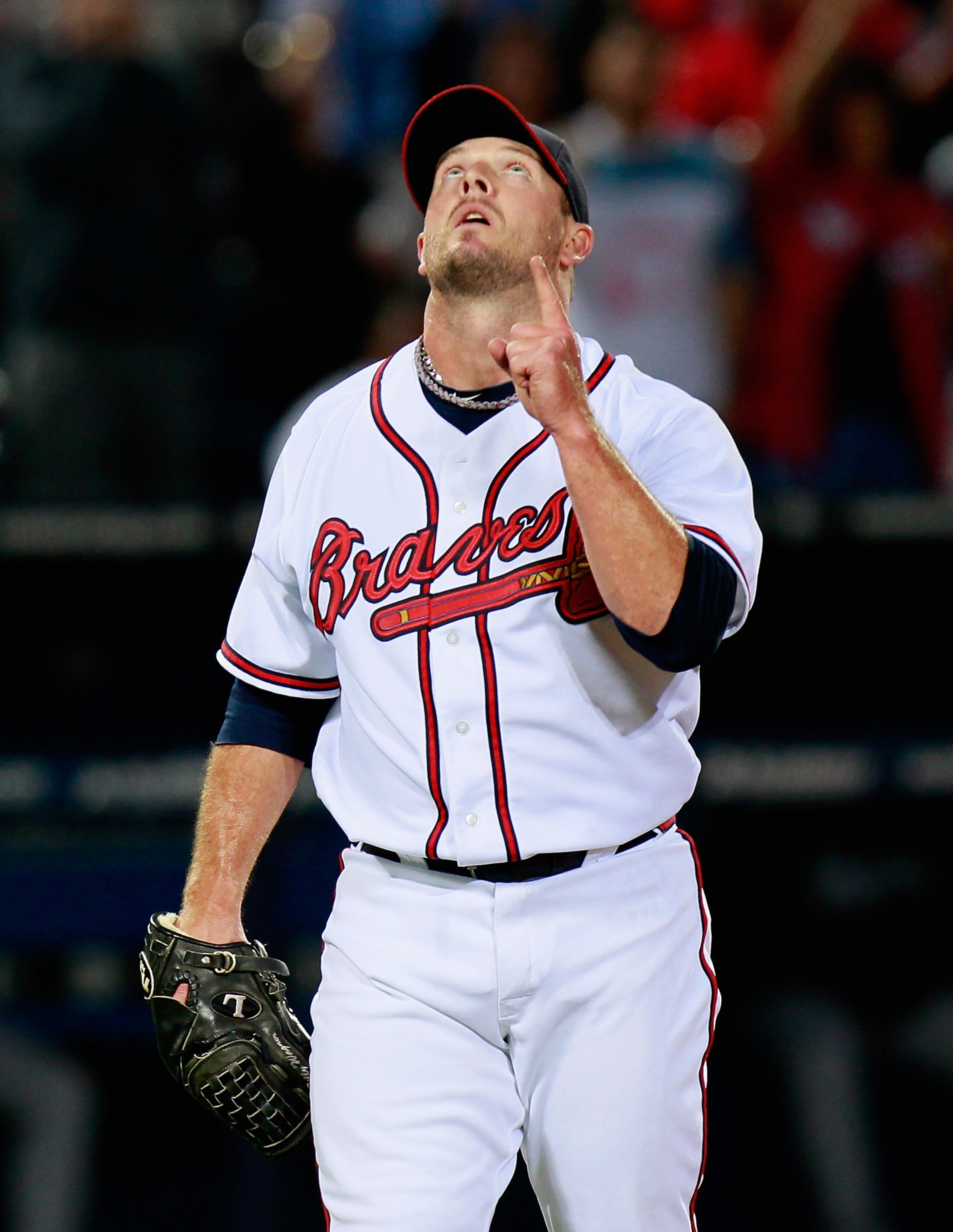 ATLANTA - SEPTEMBER 29:  Closing pitcher Billy Wagner #13 of the Atlanta Braves reacts after their 5-1 win against the Florida Marlins at Turner Field on September 29, 2010 in Atlanta, Georgia.  (Photo by Kevin C. Cox/Getty Images)