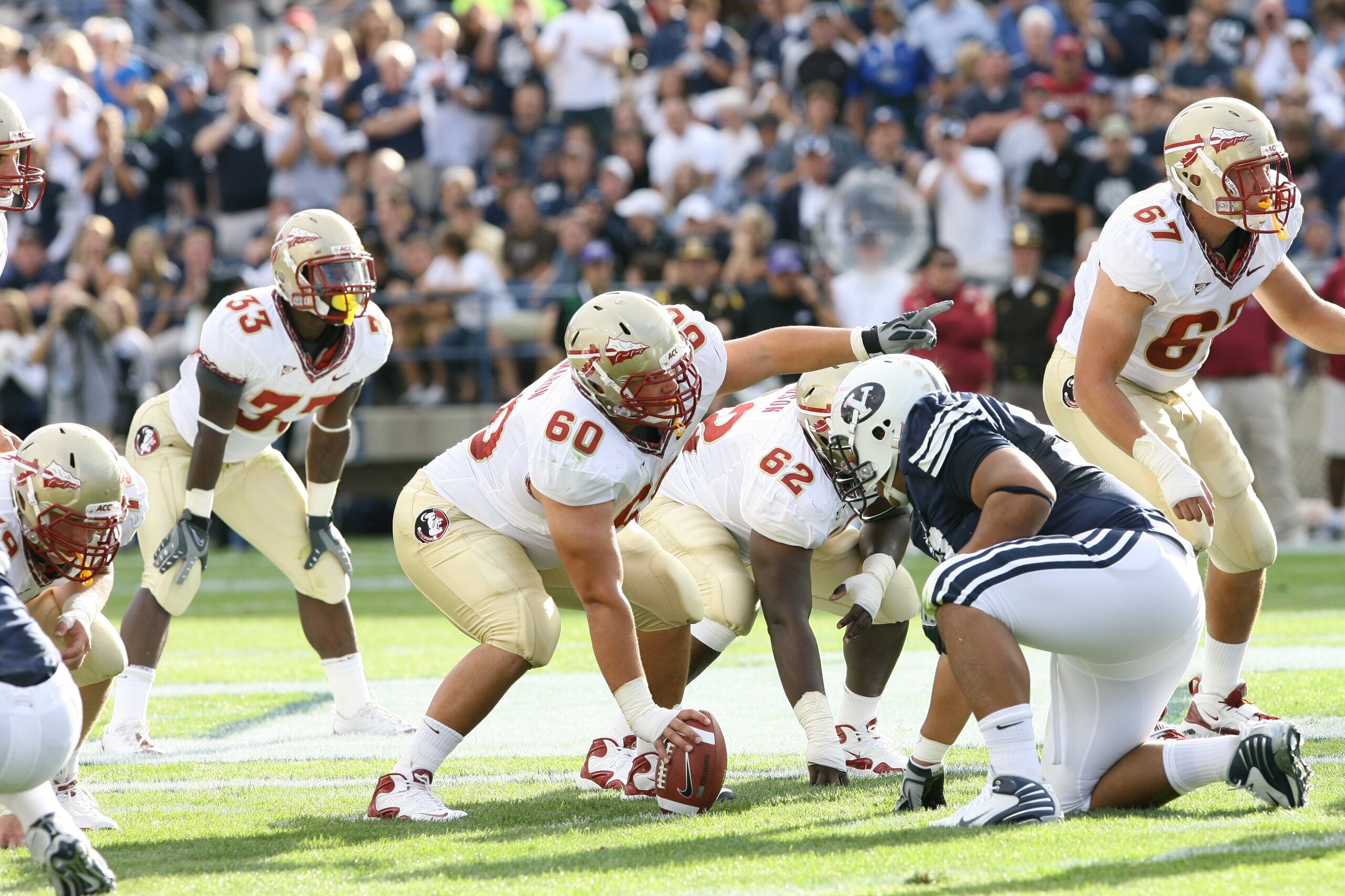 PROVO, UT - SEPTEMBER 19:  Ryan McMahon #60 of Florida State Seminoles calls out the play during the game against Brigham Young University Cougarsat La Vell Edwards Stadium on September 19, 2009 in Provo, Utah.  (Photo by Melissa Majchrzak via Getty Image