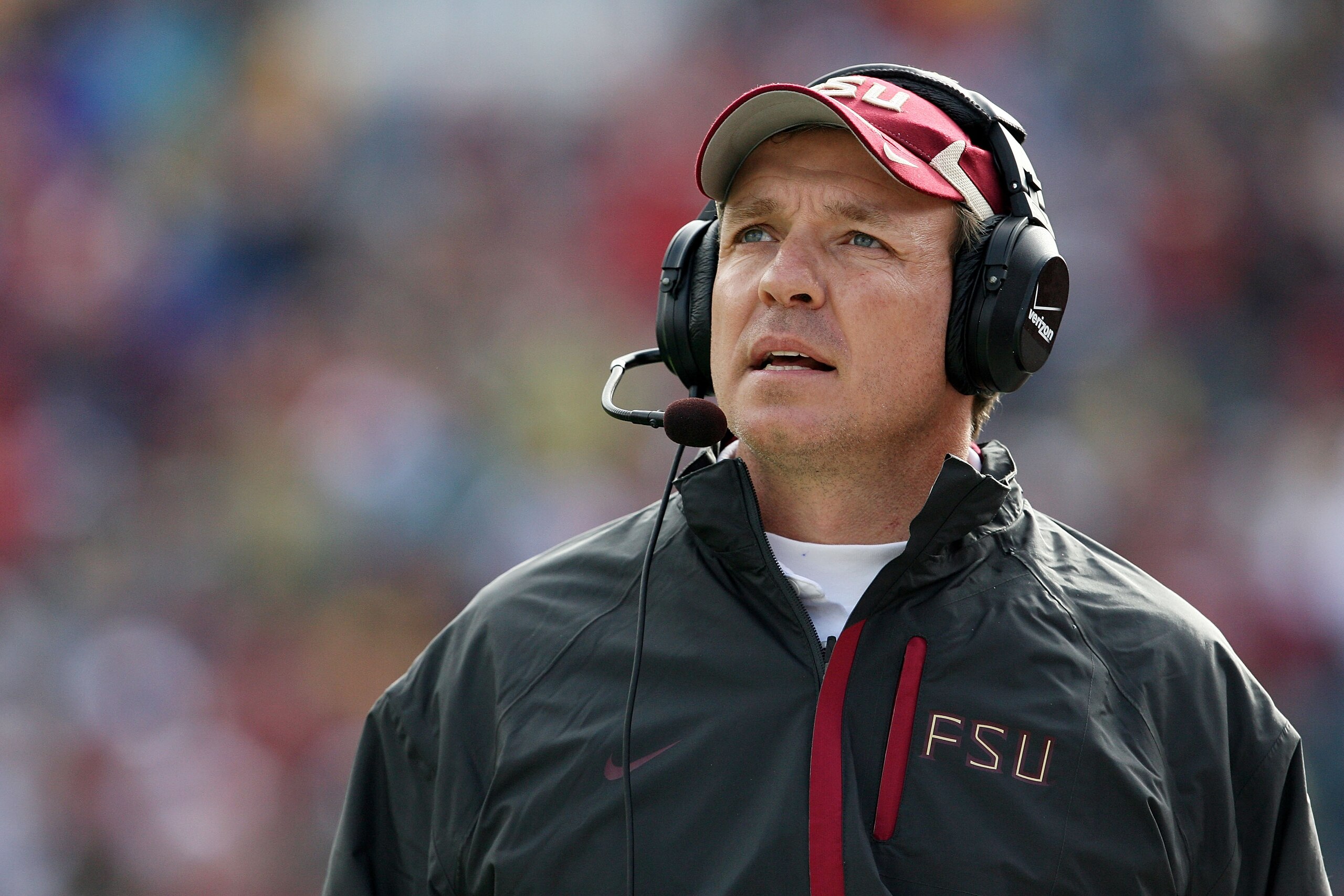JACKSONVILLE, FL - JANUARY 01:  Offensive coordinator and future head coach Jimbo Fisher of the Florida State Seminoles walks the sidelines while taking on the West Virginia Mountaineers during the Konica Minolta Gator Bowl on January 1, 2010 at Jacksonvi