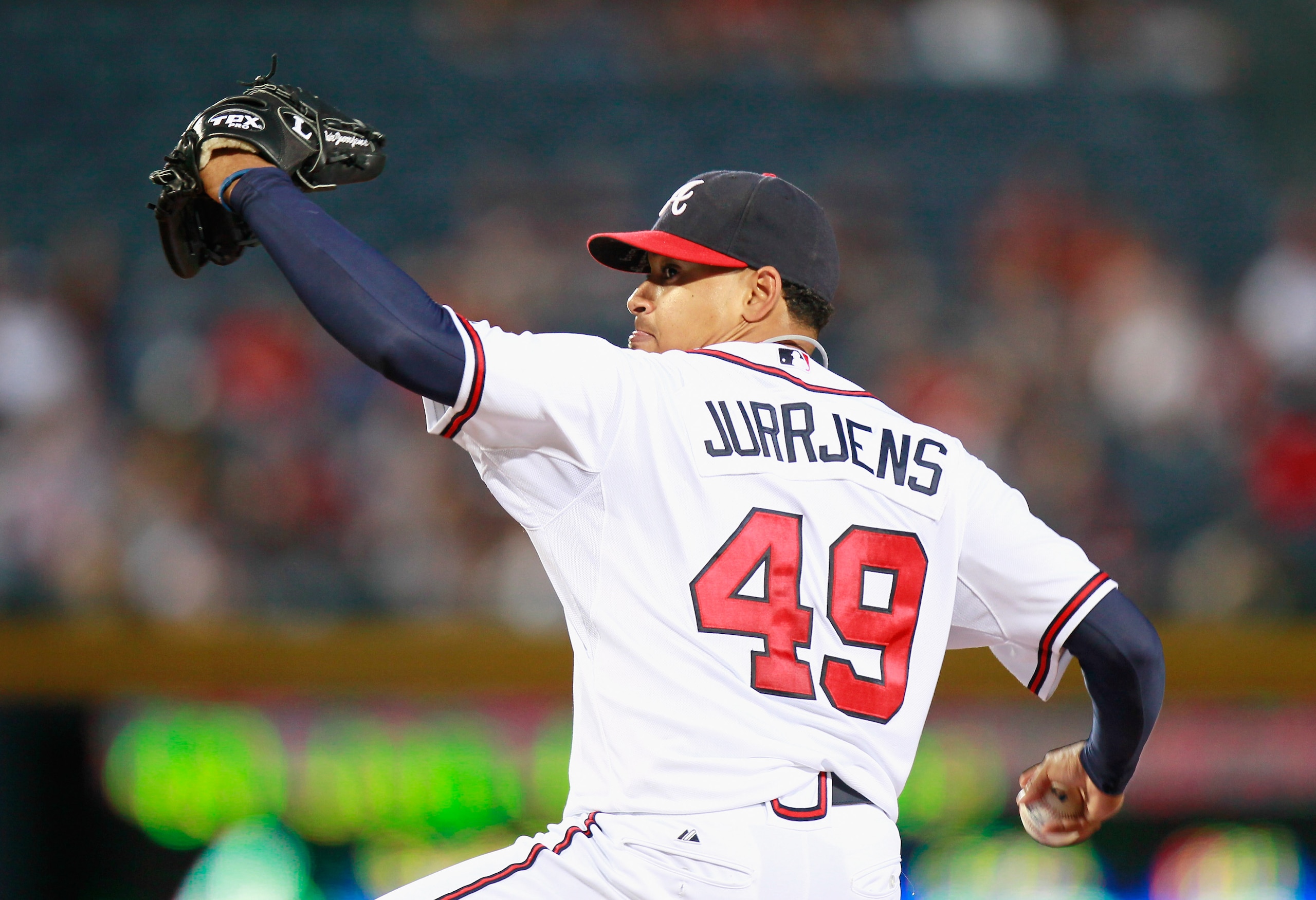 ATLANTA - SEPTEMBER 09:  Starting pitcher Jair Jurrjens #49 of the Atlanta Braves against the St. Louis Cardinals at Turner Field on September 9, 2010 in Atlanta, Georgia.  (Photo by Kevin C. Cox/Getty Images)