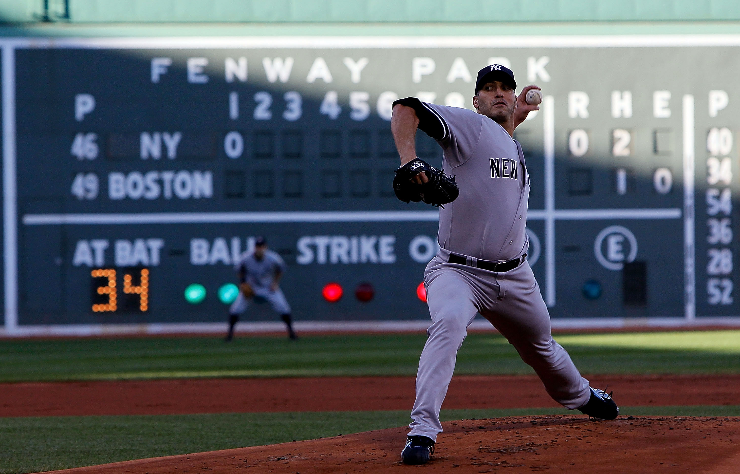 BOSTON - OCTOBER 2:  Andy Pettitte #46 of the New York Yankees throws during the first game of a doubleheader against the Boston Red Sox at Fenway Park October 2, 2010 in Boston, Massachusetts. (Photo by Jim Rogash/Getty Images)