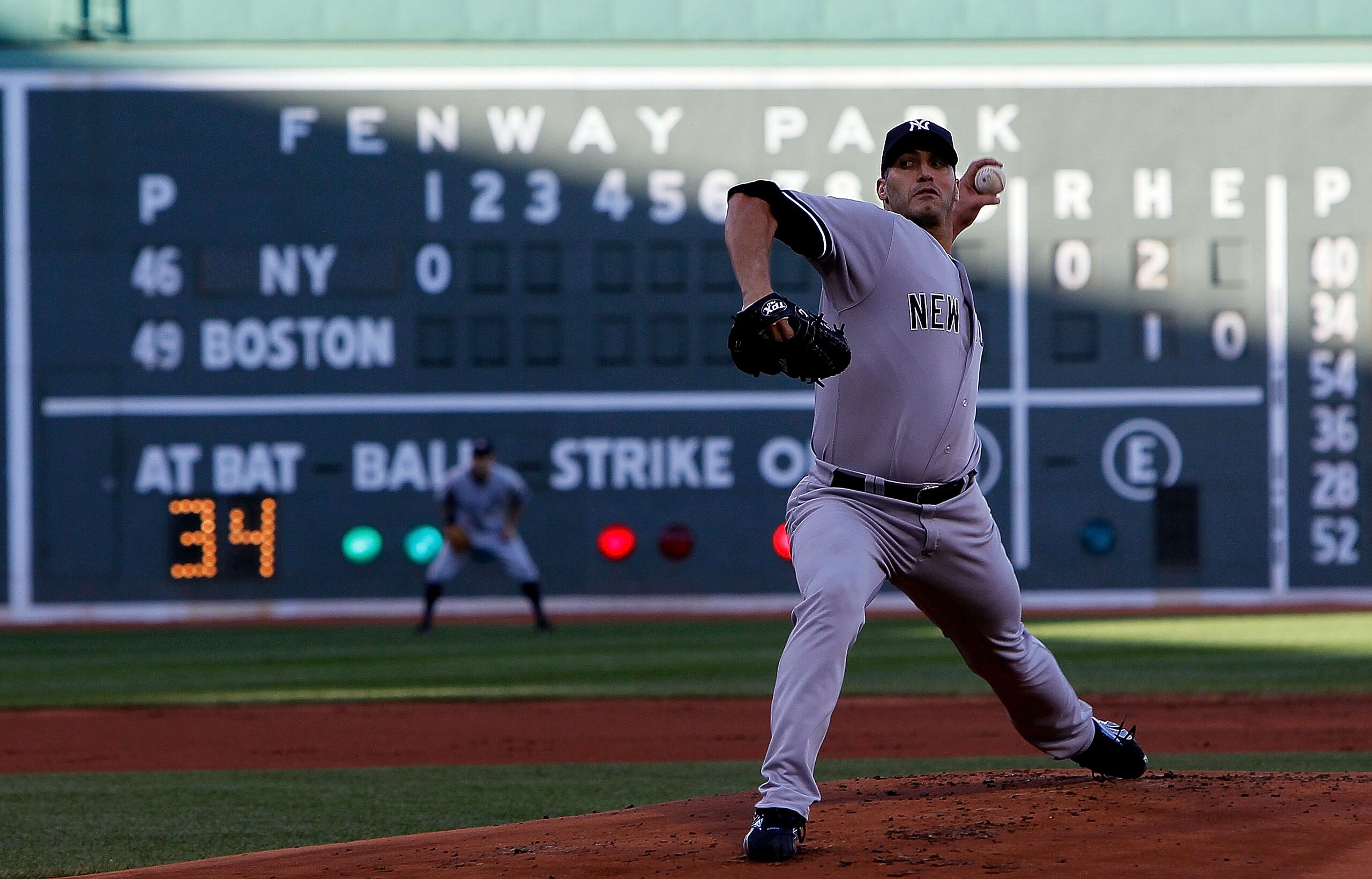 BOSTON - OCTOBER 2:  Andy Pettitte #46 of the New York Yankees throws during the first game of a doubleheader against the Boston Red Sox at Fenway Park October 2, 2010 in Boston, Massachusetts. (Photo by Jim Rogash/Getty Images)