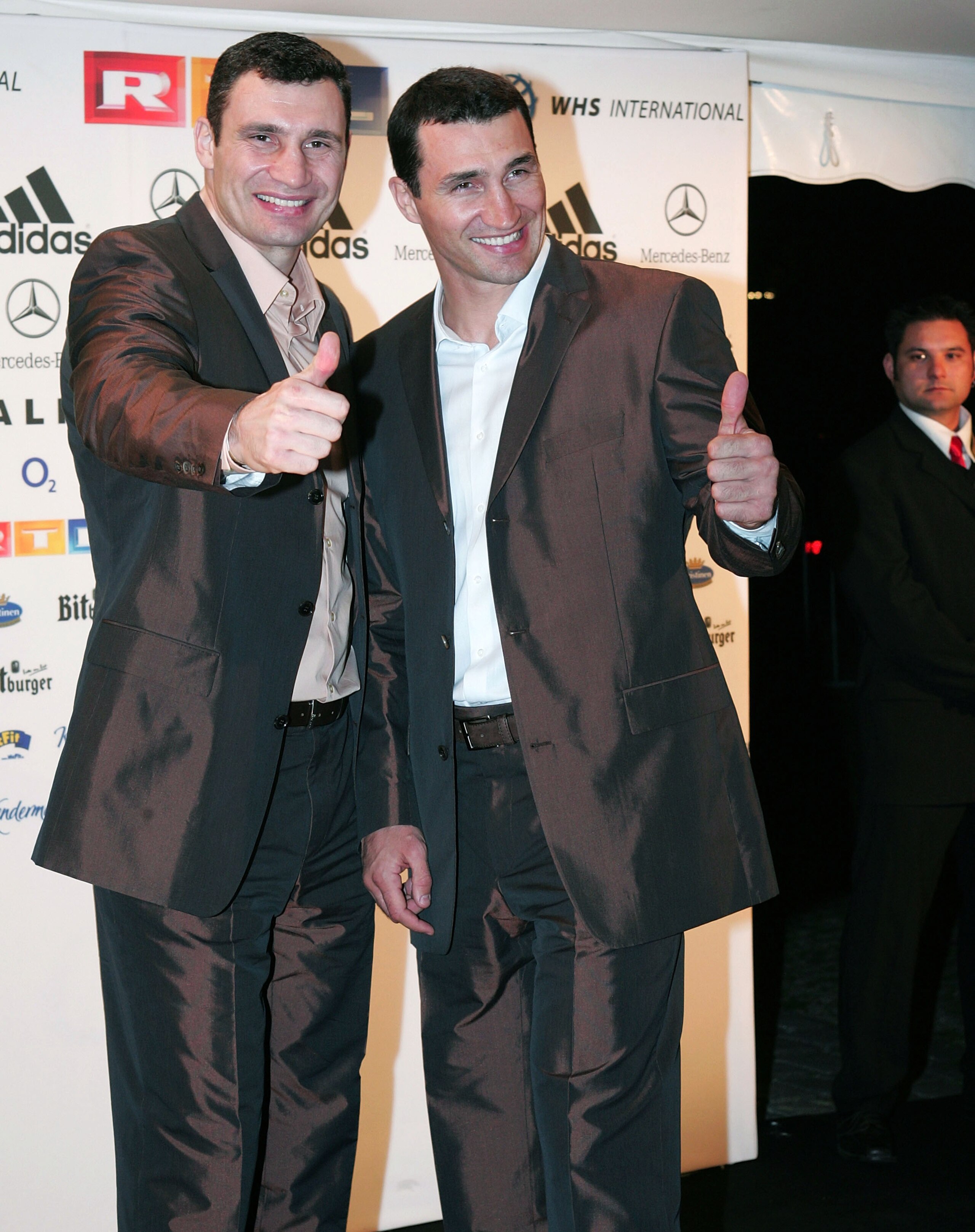 MUNICH, GERMANY - MARCH 31: Boxer Wladimir Klitschko (L) and Vitali Klitschko attend the cruiserweight fight of Henry Maske against Virgil Hill at the Olympic Hall on March 31, 2007 in Munich, Germany. (Photo by Theo Klein/Getty Images)