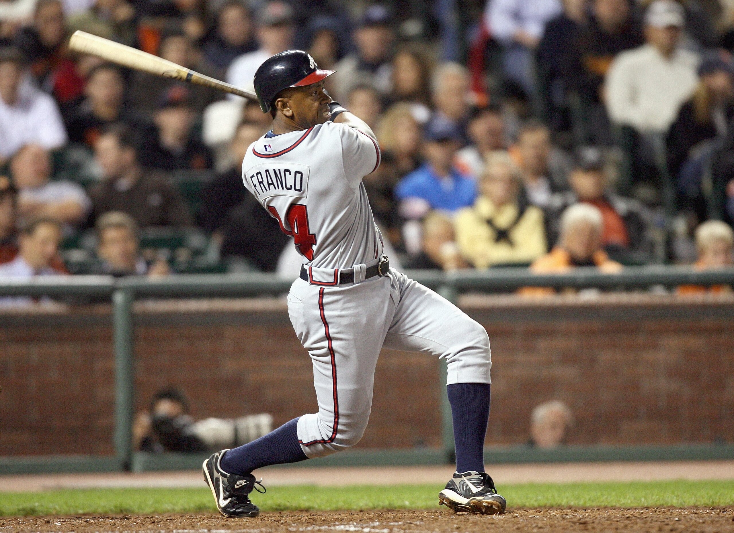 SAN FRANCISCO - JULY 25: Julio Franco #14 of the Atlanta Braves swings at the pitch against the San Francisco Giants at AT&T Park on July 25, 2007 in San Francisco, California. (Photo by Otto Greule Jr/Getty Images)