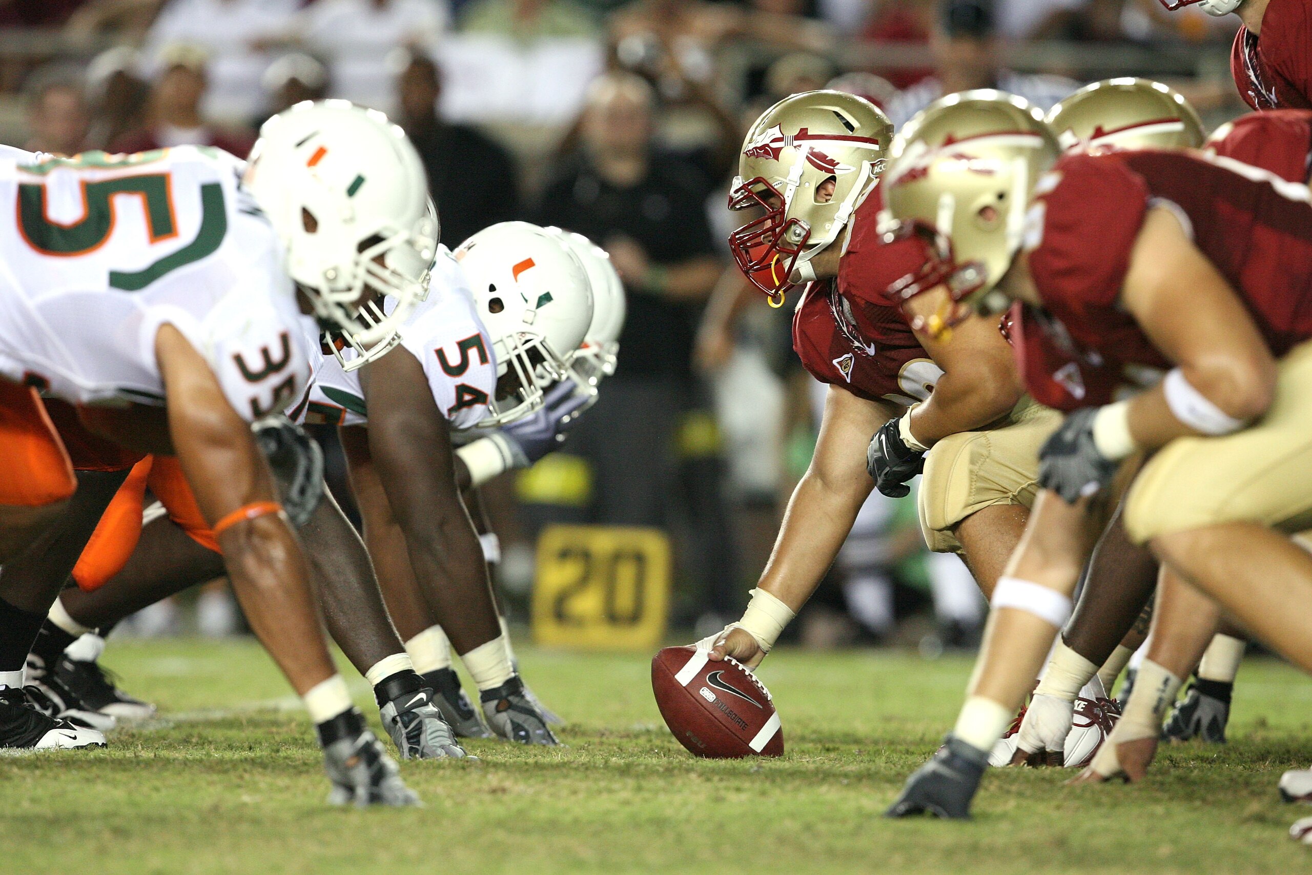 TALLAHASSEE, FL - SEPTEMBER 07:  The Miami Hurricanes defense lines up against the offense of the Florida State Seminoles at Doak Campbell Stadium on September 7, 2009 in Tallahassee, Florida.  (Photo by Doug Benc/Getty Images)