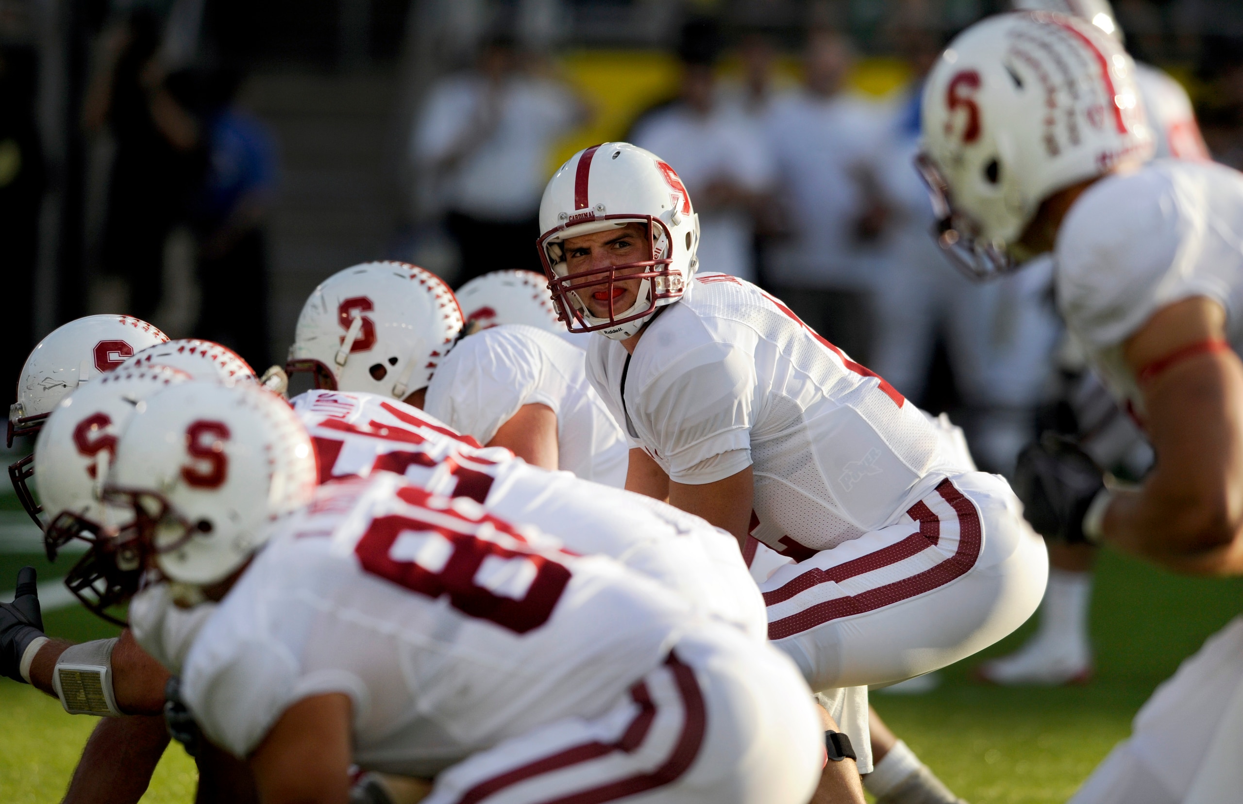 EUGENE, OR - OCTOBER 2: Quarterback Andrew Luck #12 of the Stanford Cardinal calls out signals at the line of scrimmage in the second quarter of the game against the Oregon Ducks at Autzen Stadium on October 2, 2010 in Eugene, Oregon. Oregon won the game
