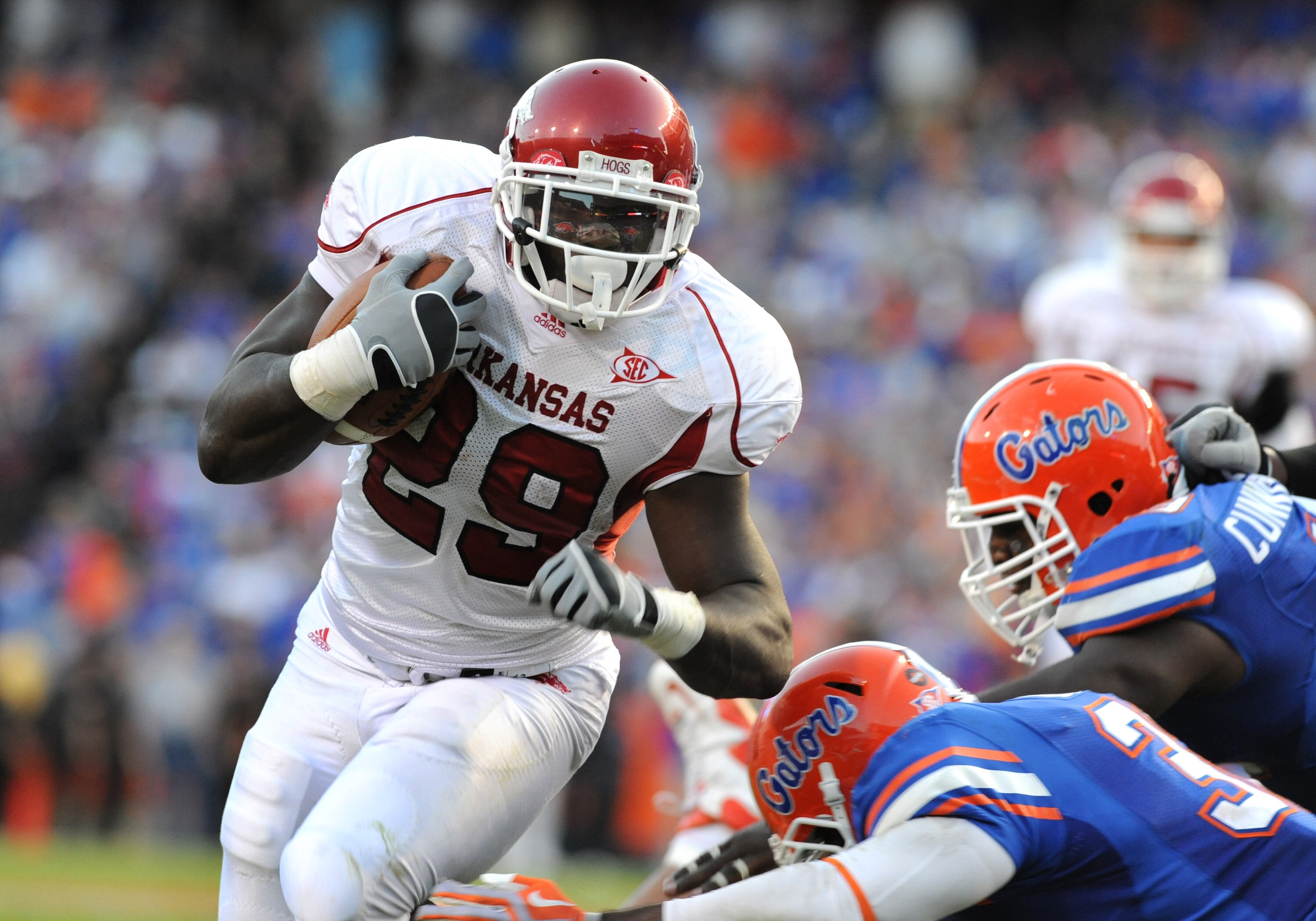 GAINESVILLE, FL - OCTOBER 17: Running back Broderick Green #29  of the Arkansas Razorbacks rushes upfield against the Florida Gators October 17, 2009 at Ben Hill Griffin Stadium in Gainesville, Florida.  (Photo by Al Messerschmidt/Getty Images)