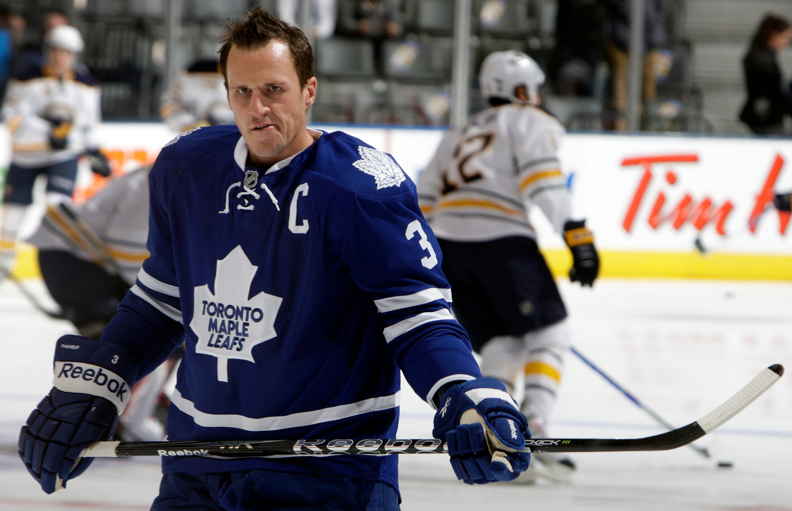 TORONTO - SEPTEMBER 27: Dion Phaneuf #3 of the Toronto Maple Leafs gets his game face on during warmup before a preseason NHL game at the Air Canada Centre September 27, 2010 in Toronto, Ontario, Canada. (Photo by Abelimages/Getty Images)