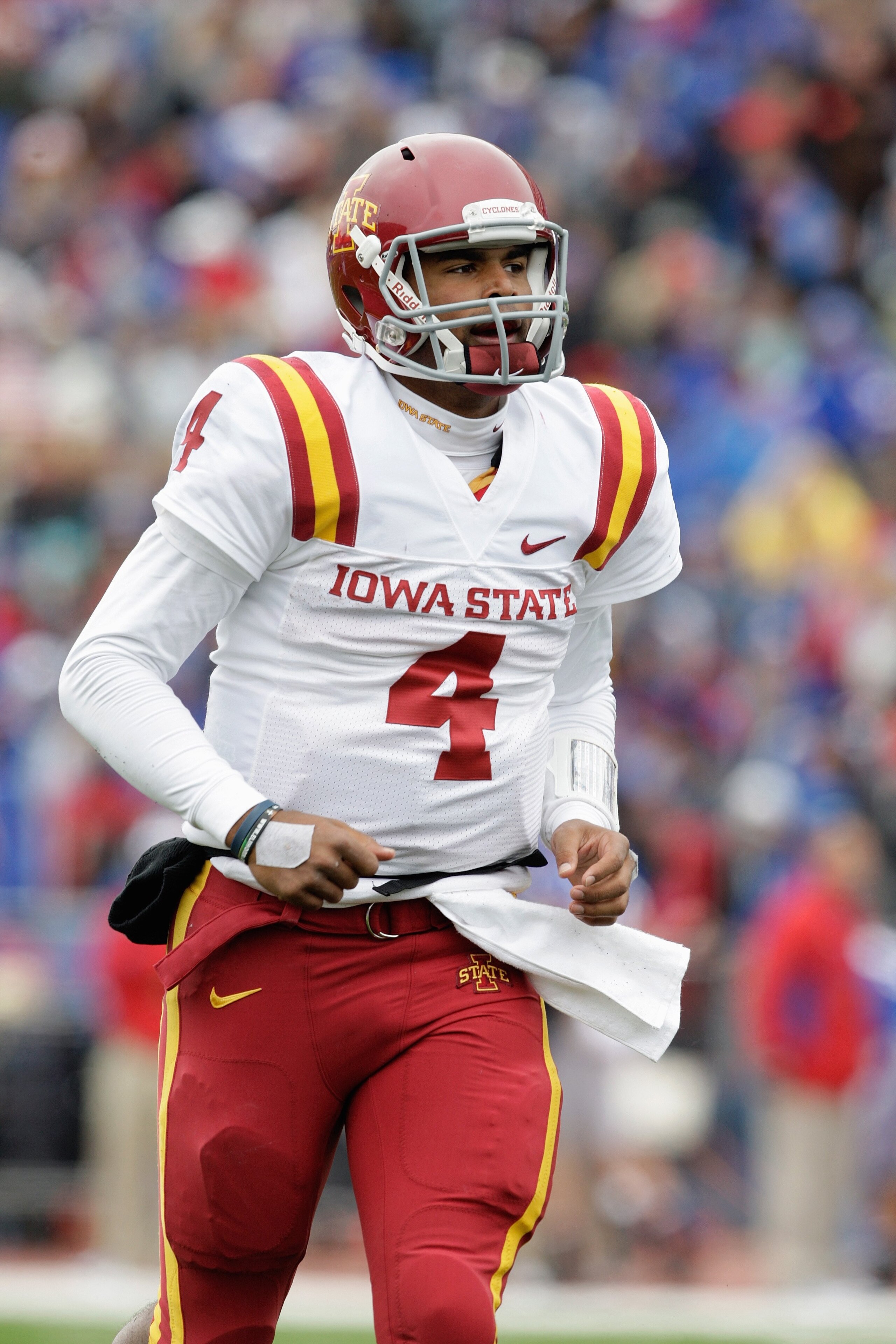 LAWRENCE, KS - OCTOBER 10:  Austen Arnaud #4 of the Iowa State Cyclones looks on during the game against the Kansas Jayhawks on October 10, 2009 at Memorial Stadium in Lawrence, Kansas. (Photo by Jamie Squire/Getty Images)