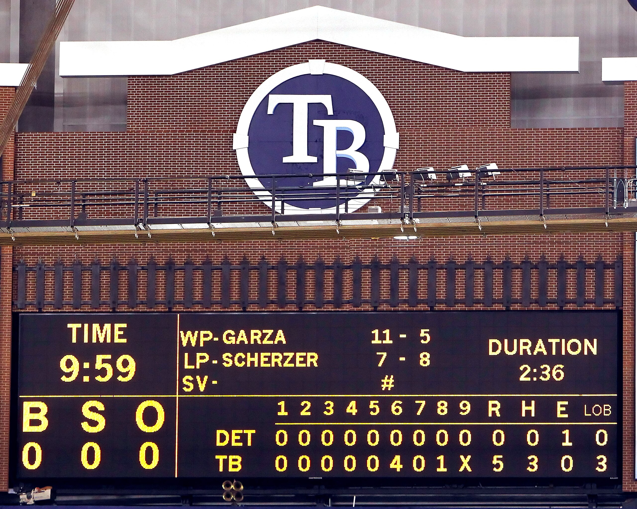 ST. PETERSBURG - JULY 26:  The scoreboard after the game between the Tampa Bay Rays of the Detroit Tigers where Matt Garza #22 threw a no hitter at Tropicana Field on July 26, 2010 in St. Petersburg, Florida. Tampa Bay beat Detroit 5-0.  (Photo by J. Meri