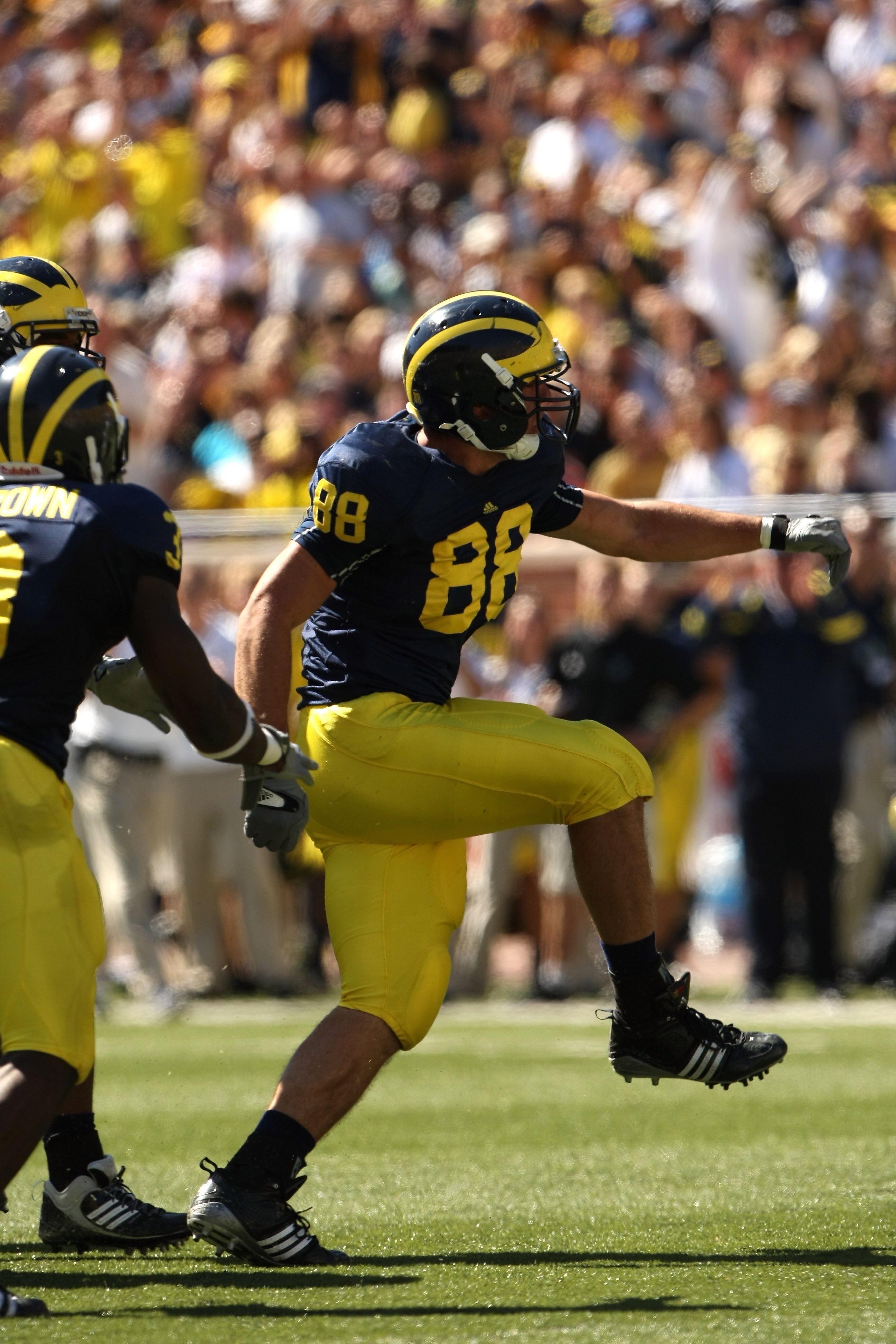ANN ARBOR, MI - SEPTEMBER 19:  Linebacker Craig Roh #88 of the Michigan Wolverines celebragtes a sack against the Eastern Michigan Eagles at Michigan Stadium on September 19, 2009 in Ann Arbor, Michigan.  Michigan won 45-17.  (Photo by Stephen Dunn/Getty