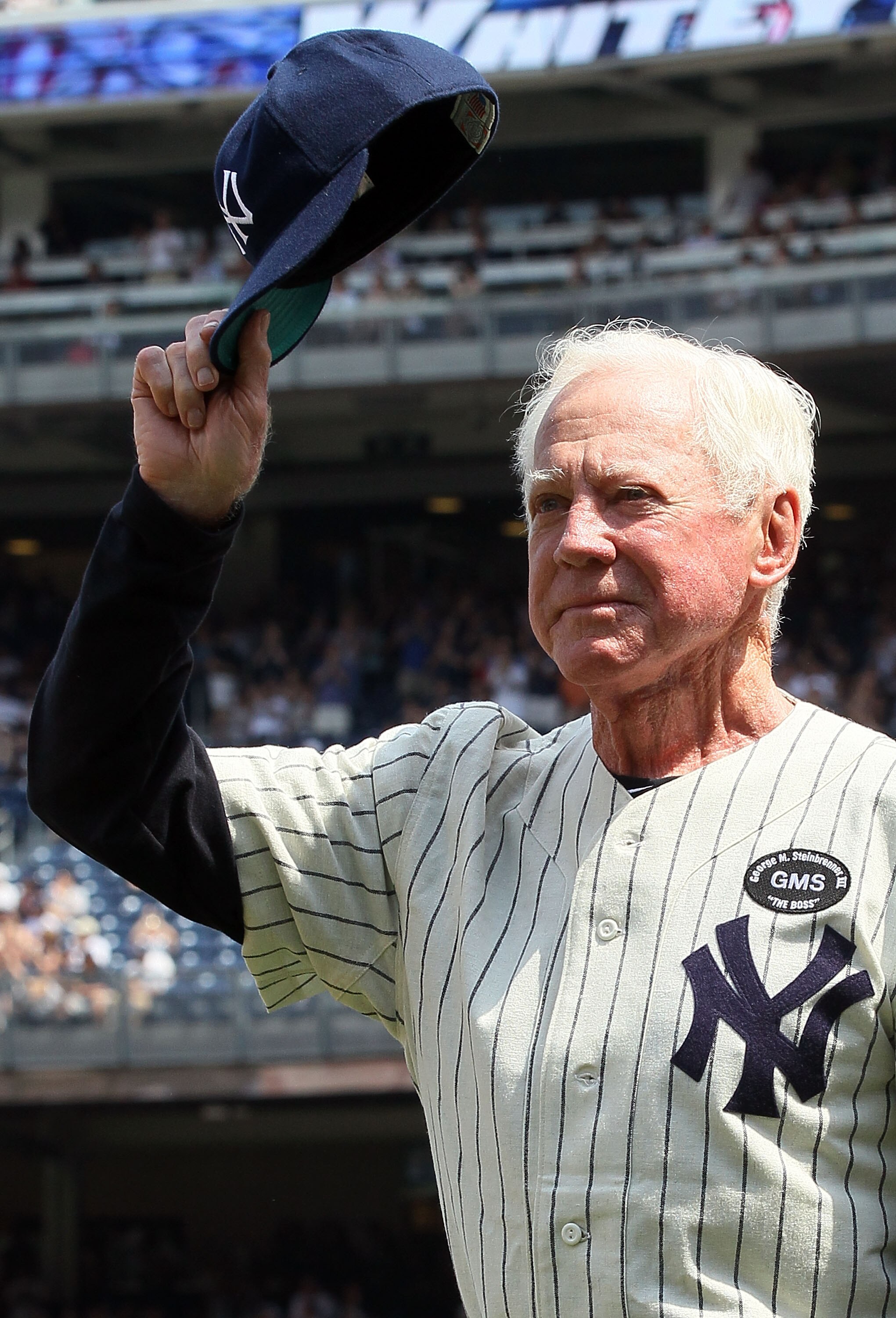 NEW YORK - JULY 17:  Hall of Famer Whitey Ford is introduced during the New York Yankees 64th Old-Timer's Day before the MLB game against the Tampa Bay Rays on July 17, 2010 at Yankee Stadium in the Bronx borough of New York City.  (Photo by Jim McIsaac/G