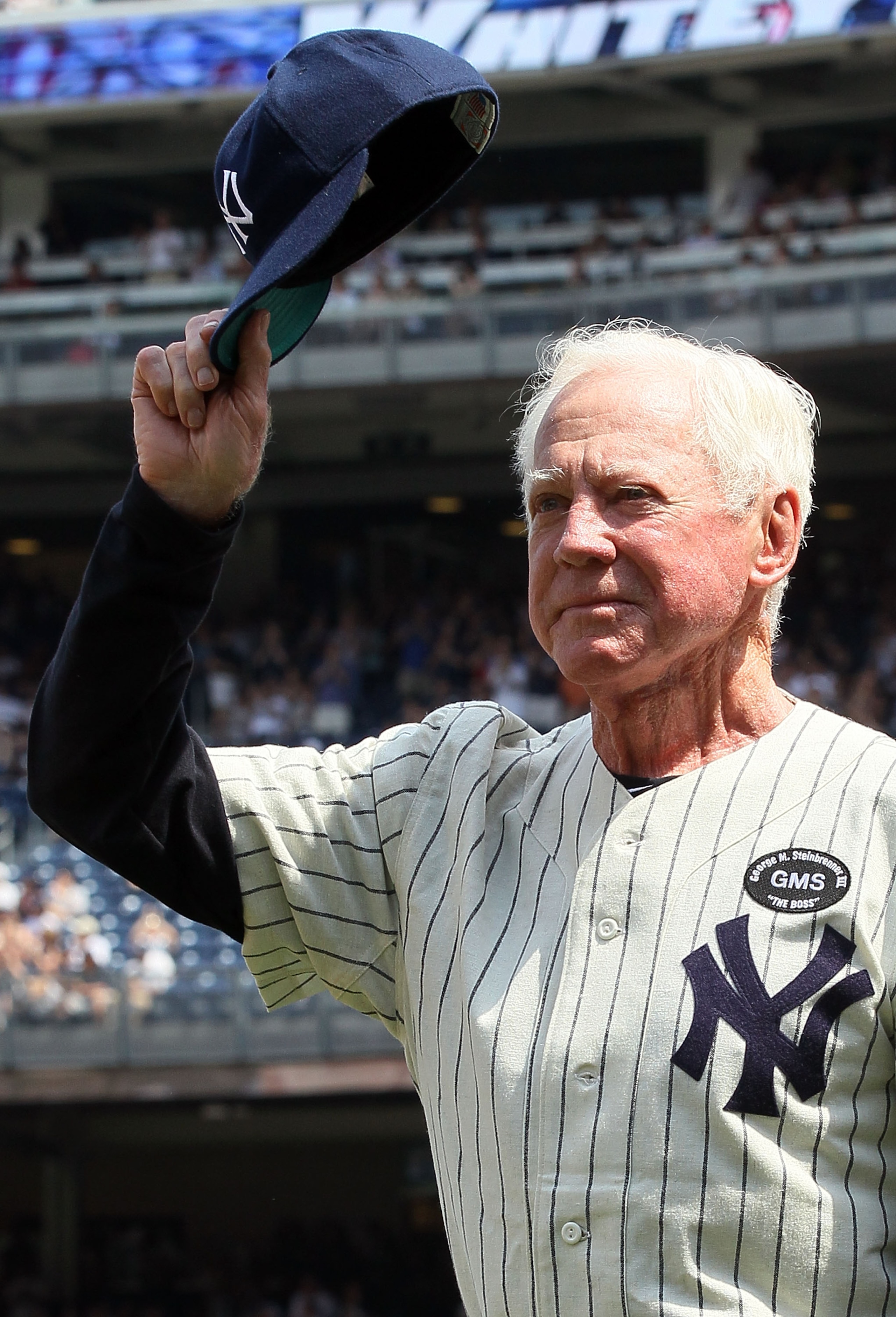 NEW YORK - JULY 17:  Hall of Famer Whitey Ford is introduced during the New York Yankees 64th Old-Timer's Day before the MLB game against the Tampa Bay Rays on July 17, 2010 at Yankee Stadium in the Bronx borough of New York City.  (Photo by Jim McIsaac/G