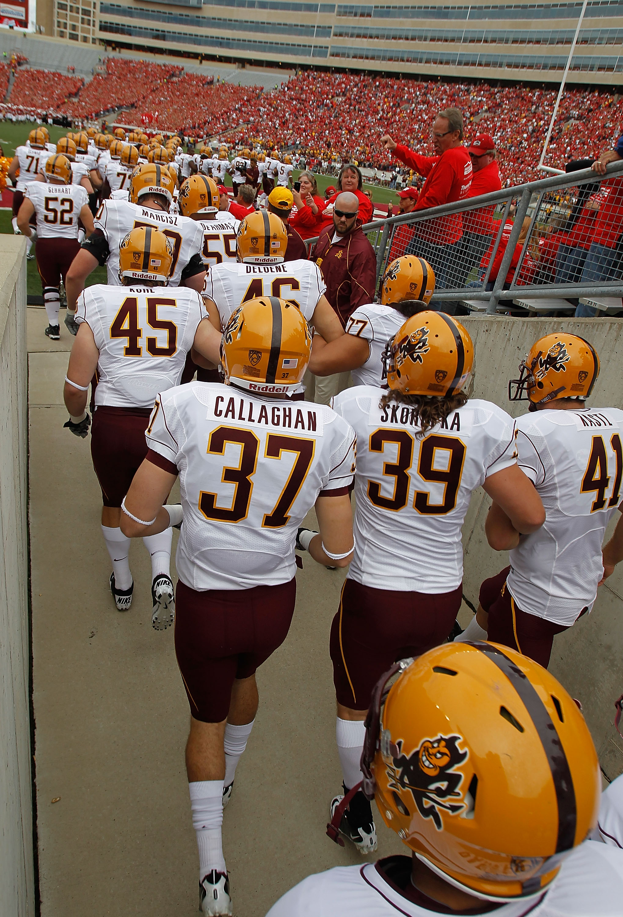 MADISON, WI - SEPTEMBER 18: Members of the Arizona State Sun Devils enter the field before a game against the Wisconsin Badgers at Camp Randall Stadium on September 18, 2010 in Madison, Wisconsin. Wisconsin defeated Arizona State 20-19.  (Photo by Jonatha