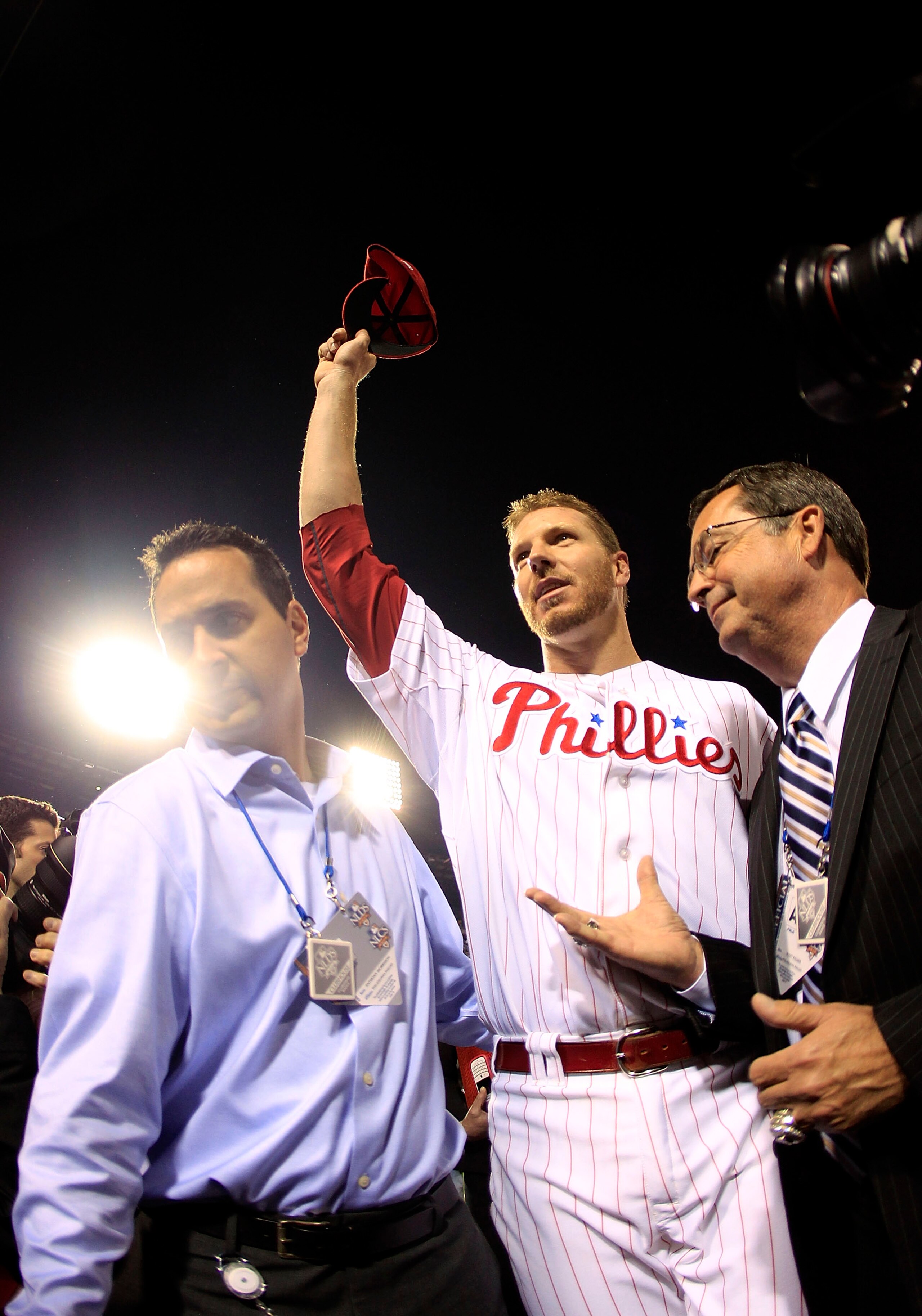 PHILADELPHIA - OCTOBER 06:  Roy Halladay #34 of the Philadelphia Phillies waves to the crowd after pitching a no-hitter in Game 1 of the NLDS against the Cincinnati Reds at Citizens Bank Park on October 6, 2010 in Philadelphia, Pennsylvania.  (Photo by Ch