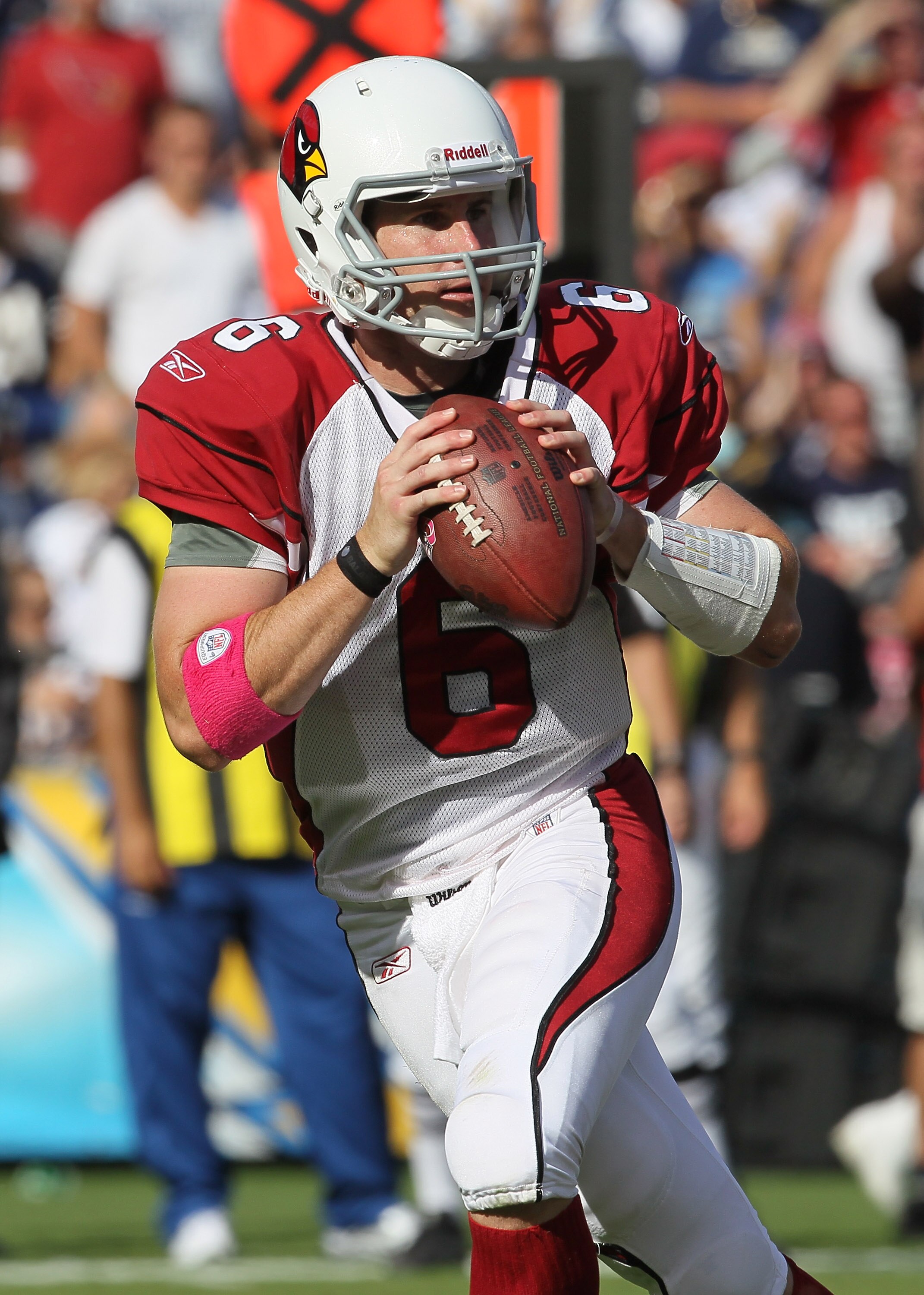 SAN DIEGO - OCTOBER 03:  Quarterback Max Hall #6 of the Arizona Cardinals drops back to pass against the San Diego Chargers at Qualcomm Stadium on October 3, 2010 in San Diego, California.  The Chargers won 41-10.  (Photo by Stephen Dunn/Getty Images)