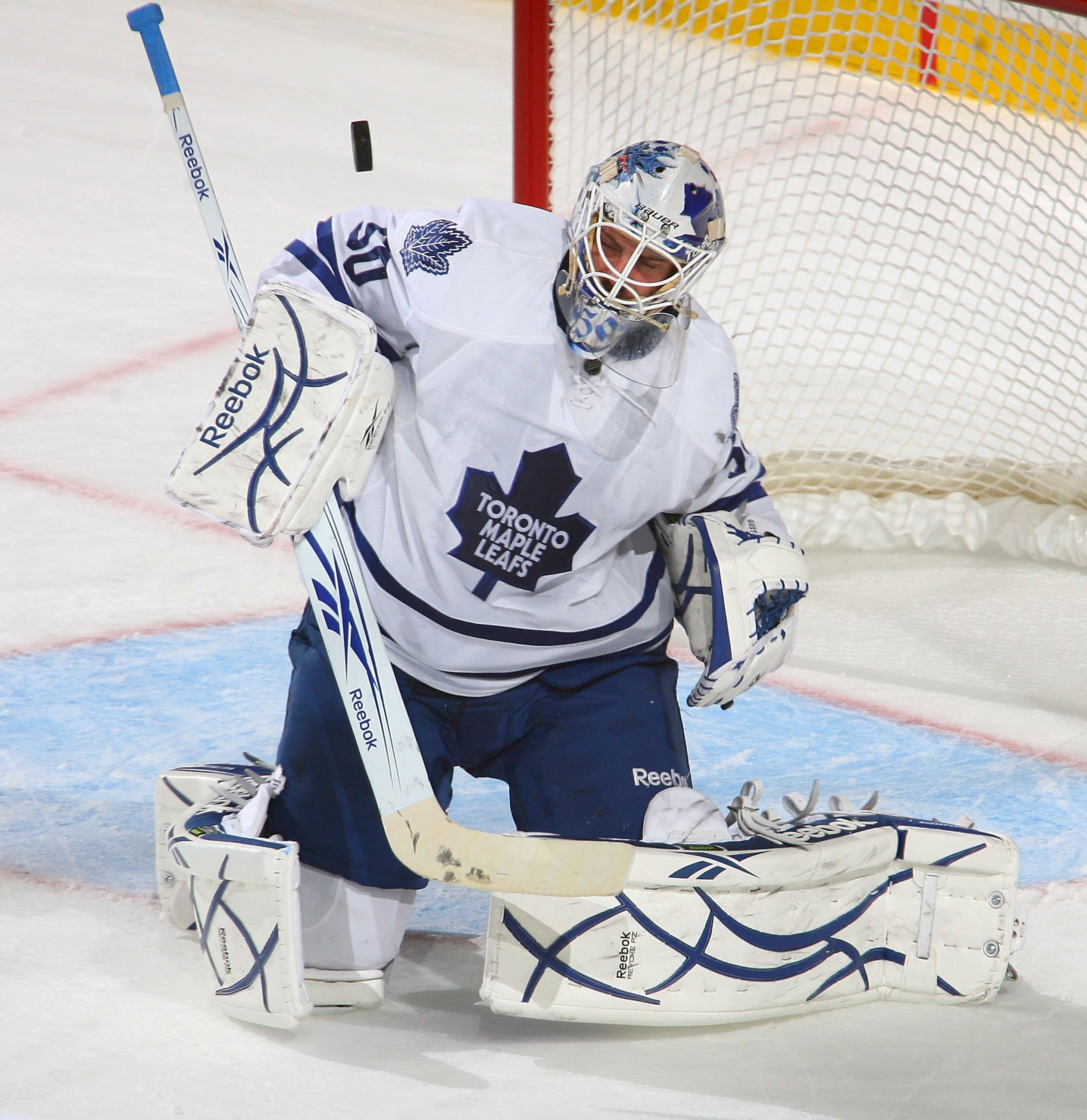 BUFFALO, NY - SEPTEMBER 25:Jonas Gustavsson #50  of the Toronto Maple Leafs makes a save against the Buffalo Sabres  at HSBC Arena on September 25, 2010 in Buffalo, New York.  (Photo by Rick Stewart/Getty Images)
