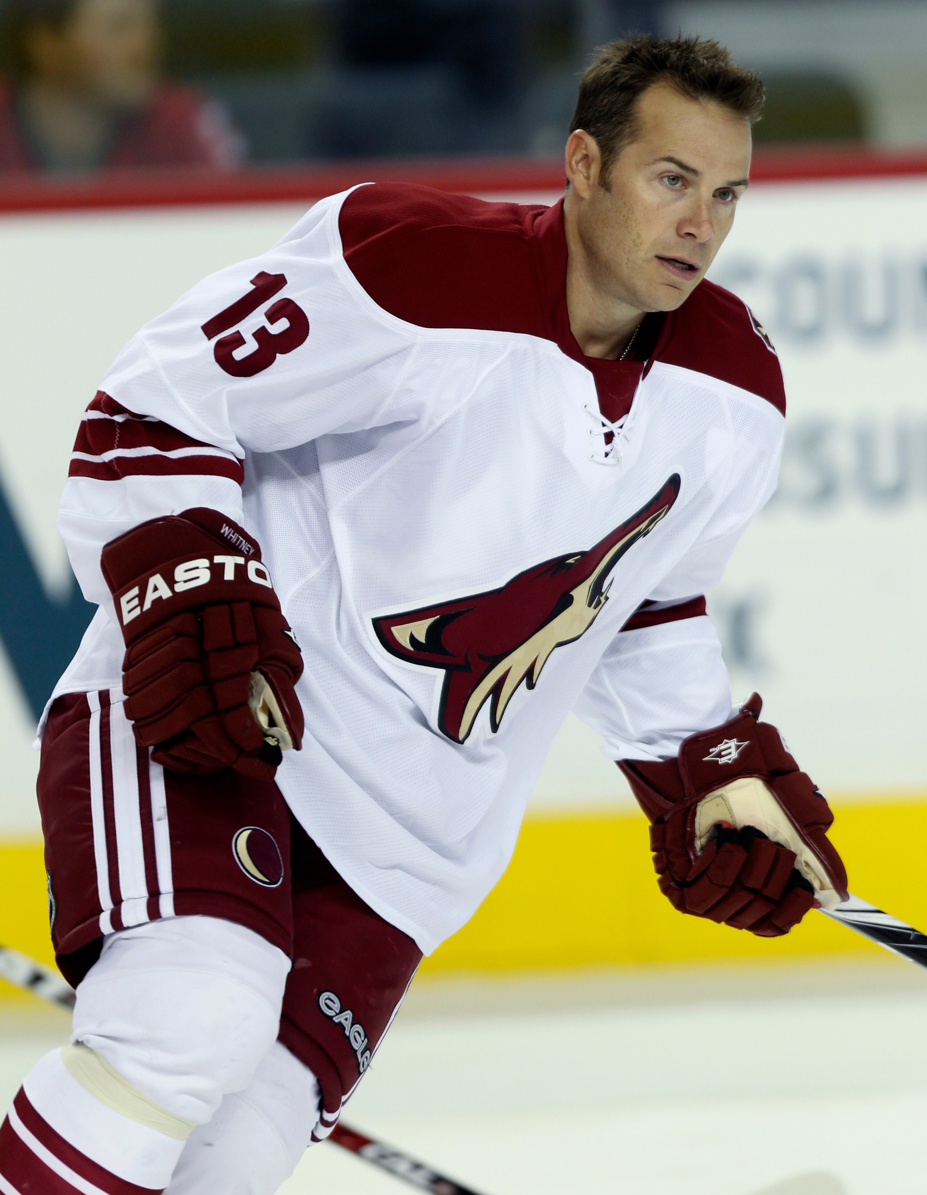 CALGARY, AB - SEPTEMBER 28:  Ray Whitney #13 of the Phoenix Coyotes warms up before a preseason game against the Calgary Flames on September 28, 2010 at the Pengrowth Saddledome in Calgary, Alberta, Canada. (Photo by Mike Ridewood/Getty Images)