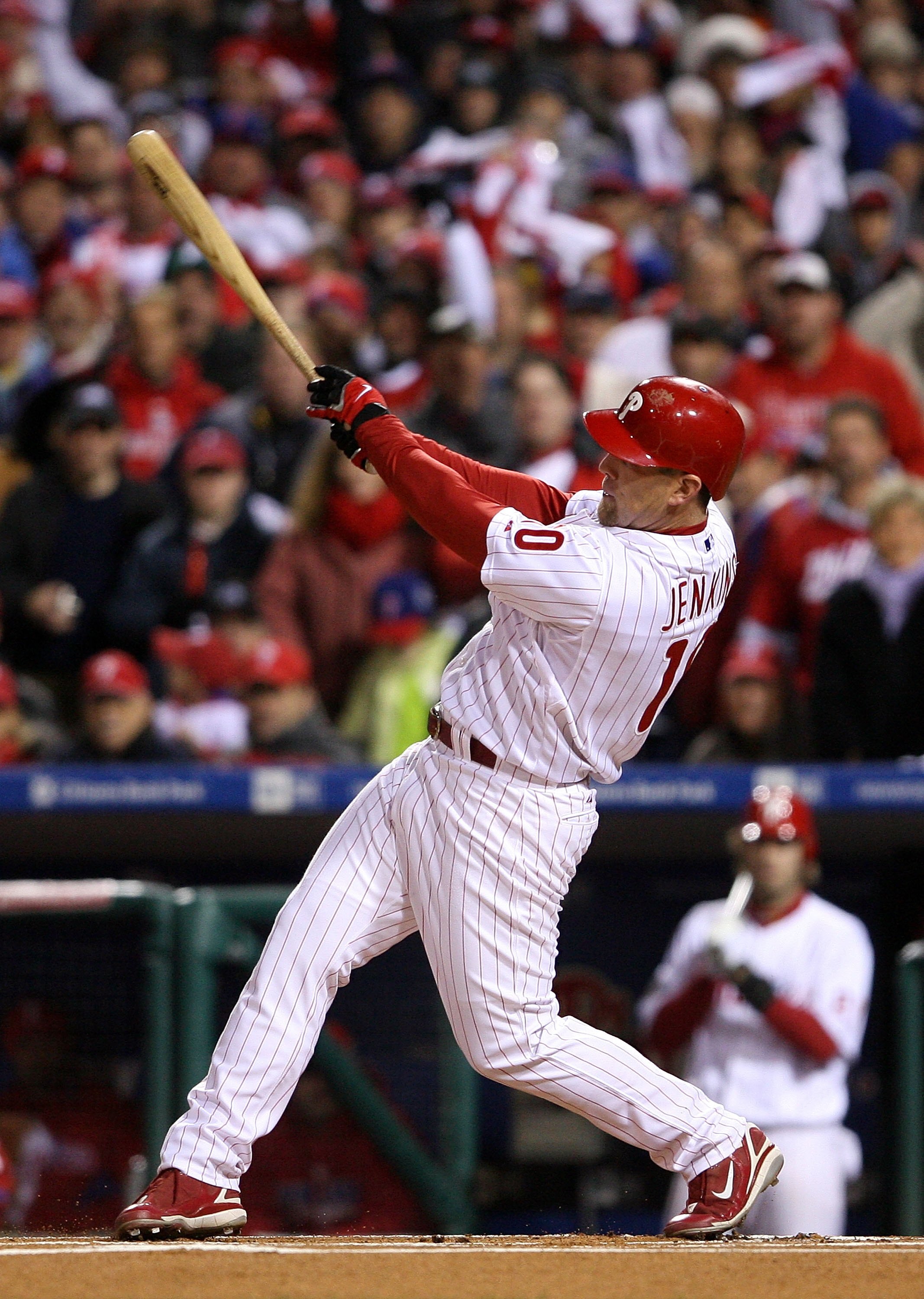 PHILADELPHIA - OCTOBER 29:  Geoff Jenkins #10 of the Philadelphia Phillies hits a double in the bottom of the sixth inning against the Tampa Bay Rays during the continuation of game five of the 2008 MLB World Series on October 29, 2008 at Citizens Bank Pa