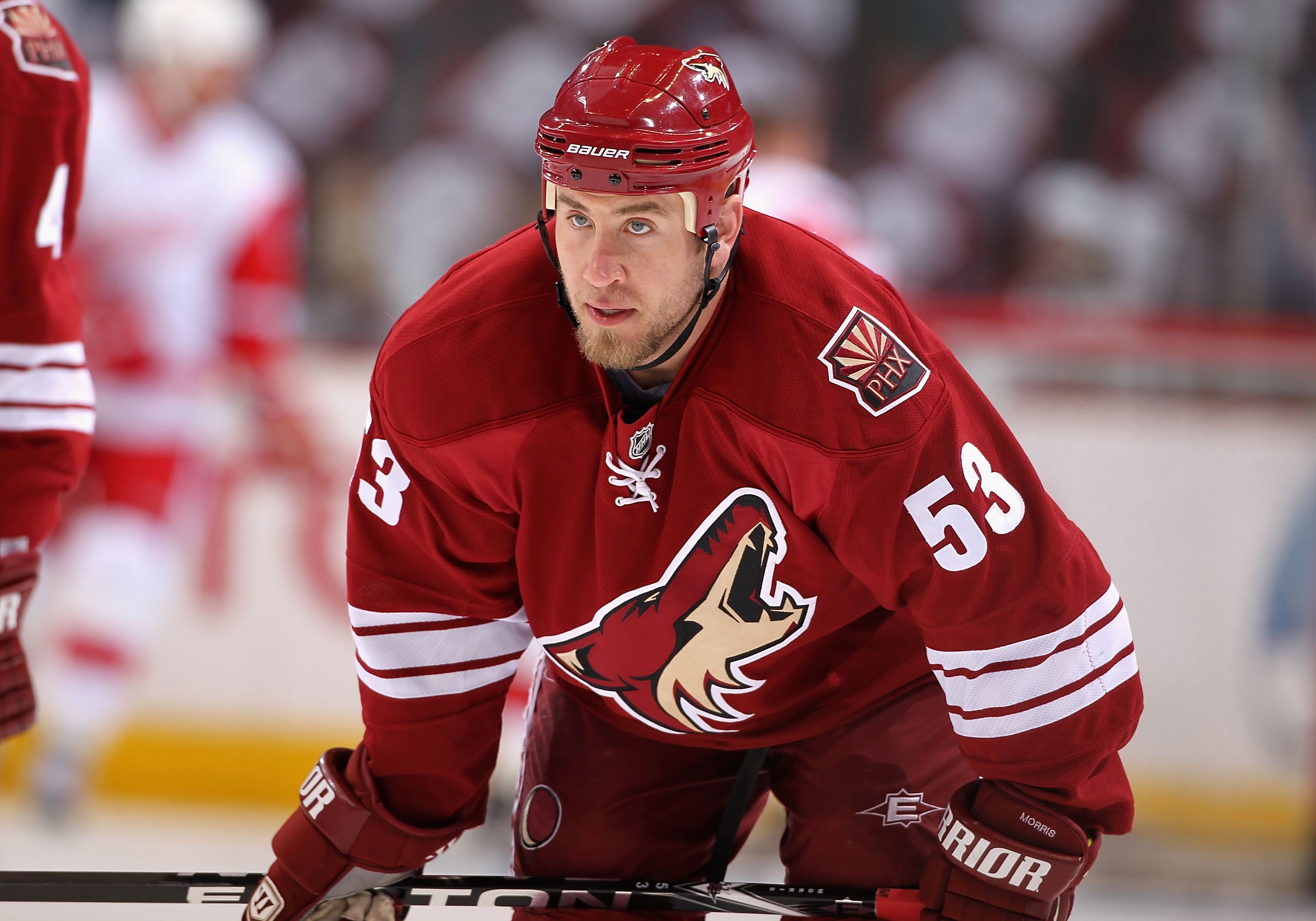 GLENDALE, AZ - APRIL 27:  Derek Morris #53 of the Phoenix Coyotes in Game Seven of the Western Conference Quarterfinals against the Detroit Red Wings during the 2010 NHL Stanley Cup Playoffs at Jobing.com Arena on April 27, 2010 in Glendale, Arizona. The