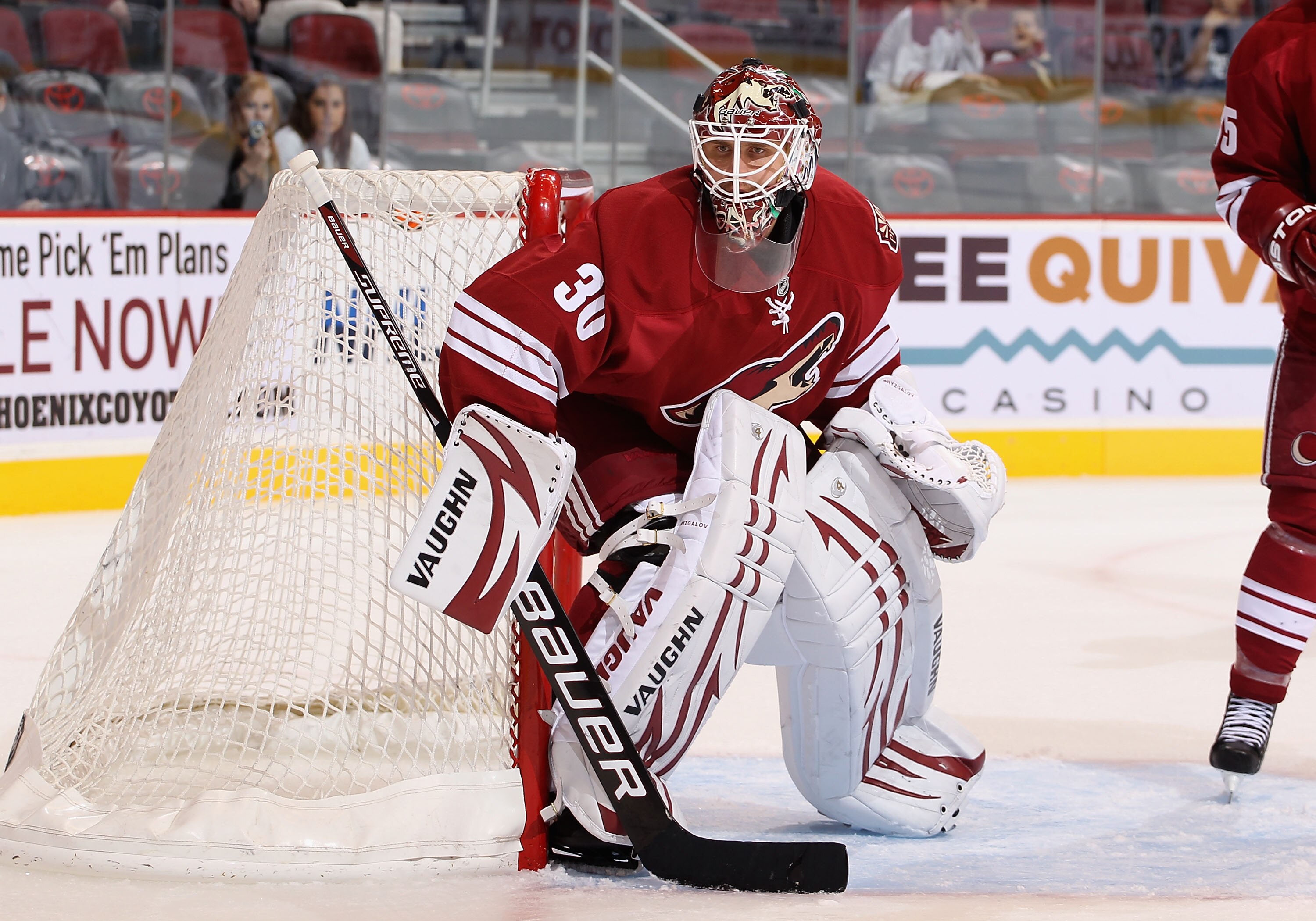 GLENDALE, AZ - SEPTEMBER 23:  Goaltender Ilya Bryzgalov #30 of the Phoenix Coyotes in action during the preseason NHL game against the Los Angeles Kings at Jobing.com Arena on September 23, 2010 in Glendale, Arizona.  The Coyotes defeated the Kings 2-1 in