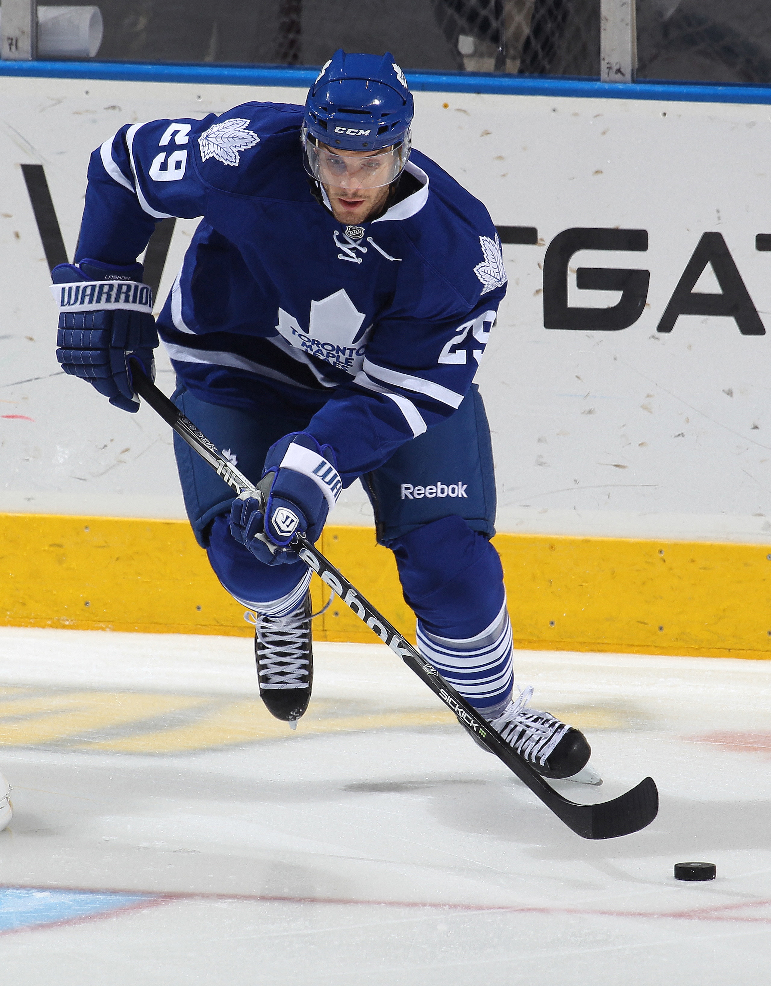 LONDON,ON - SEPTEMBER 23: Matt Lashoff #29 of the Toronto Maple Leafs skates with the puck in a pre-season game against the Philadelphia Flyers on September 23,2010 at the John Labatt Centre in London, Ontario. The Leafs defeated the Flyers 3-2 in a shoot