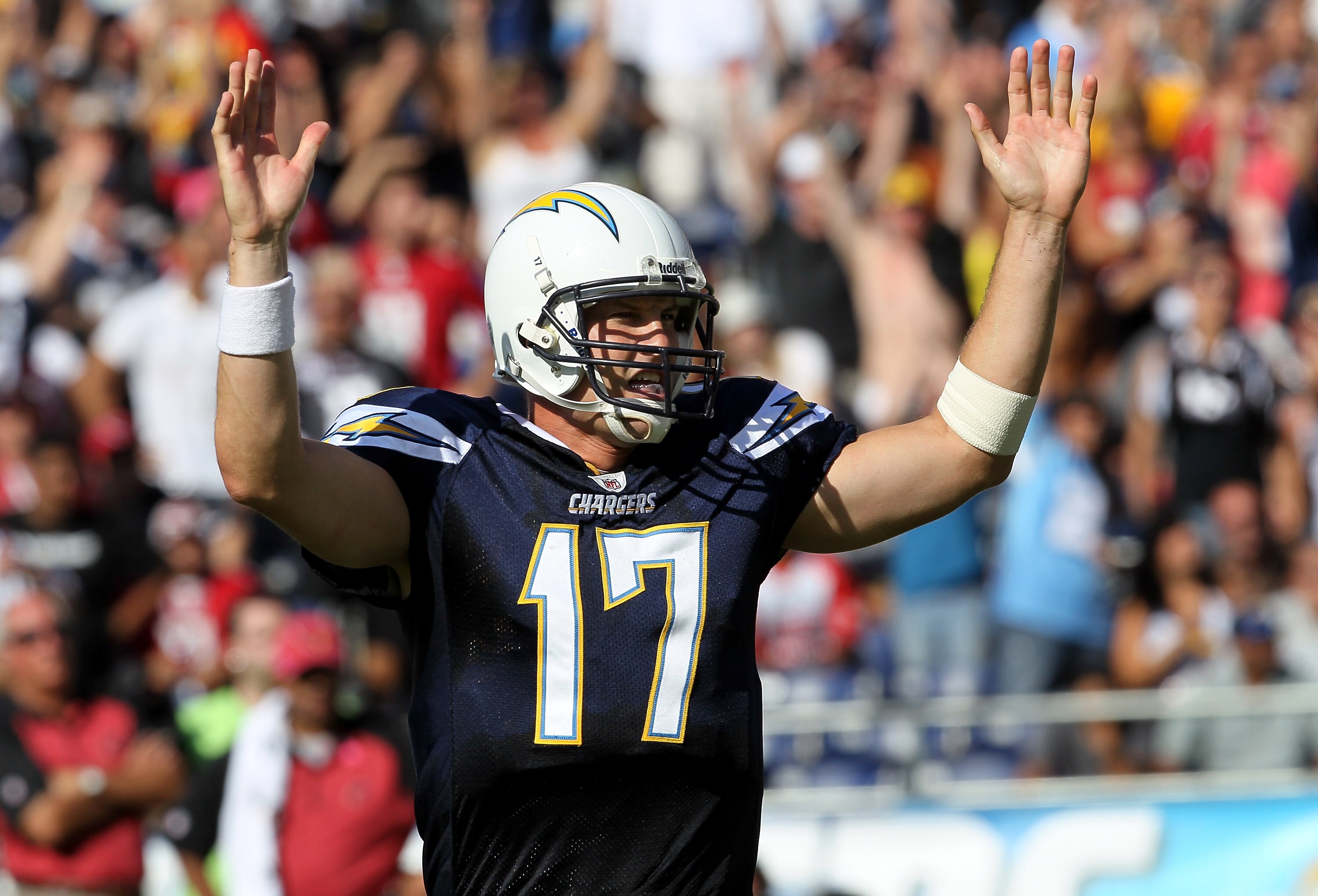 SAN DIEGO - OCTOBER 3:  Quarterback Philip Rivers of the San Diego Chargers celebrates a Charger touchdown play against the Arizona Cardinals in the third quarter at Qualcomm Stadium on October 3, 2010 in San Diego, California.   The Chargers won 41-10.